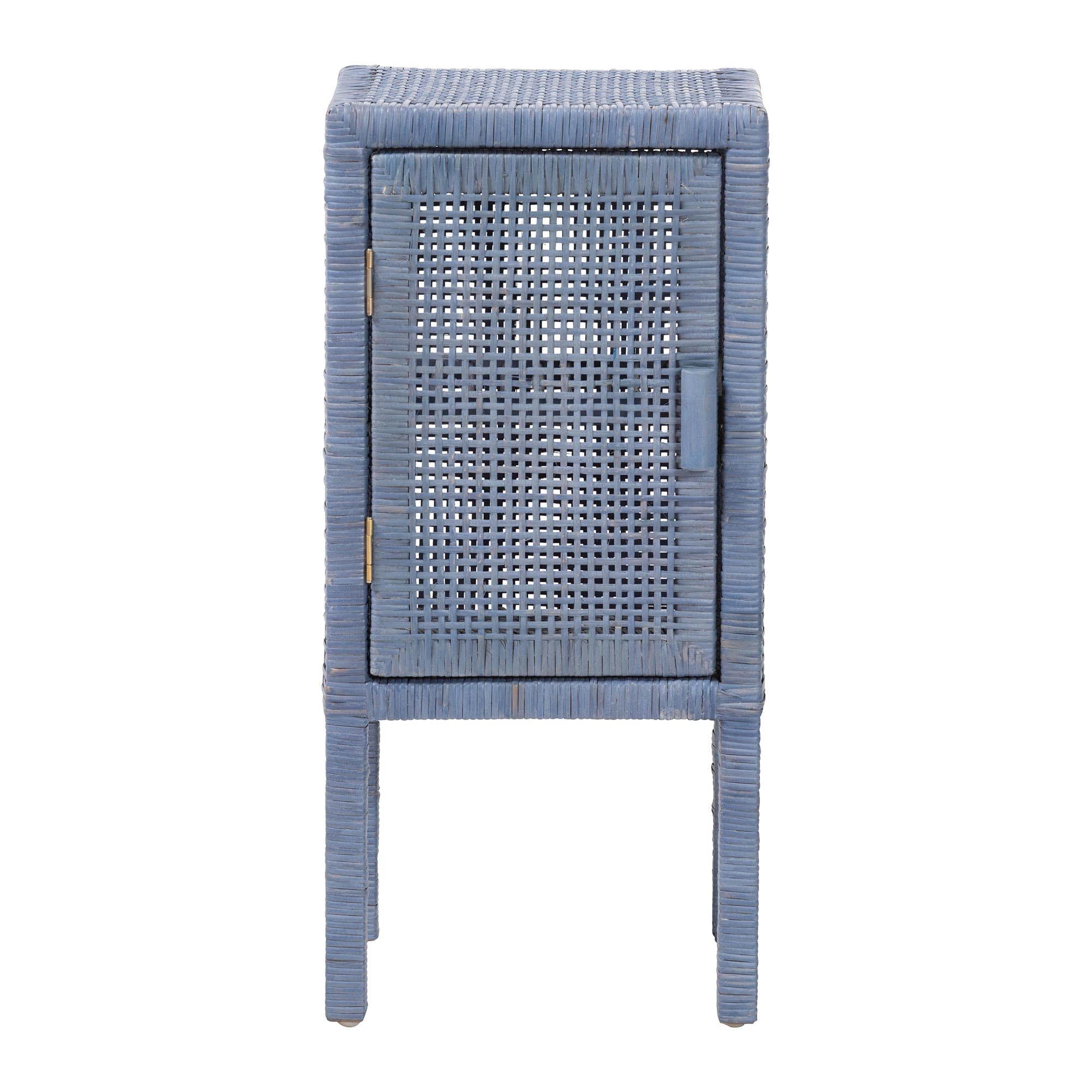 bali & pari Vivan Natural Rattan Nightstand - Handwoven Wicker Accent Bedside Table with Interior Shelving and Elevated Base, Navy Blue