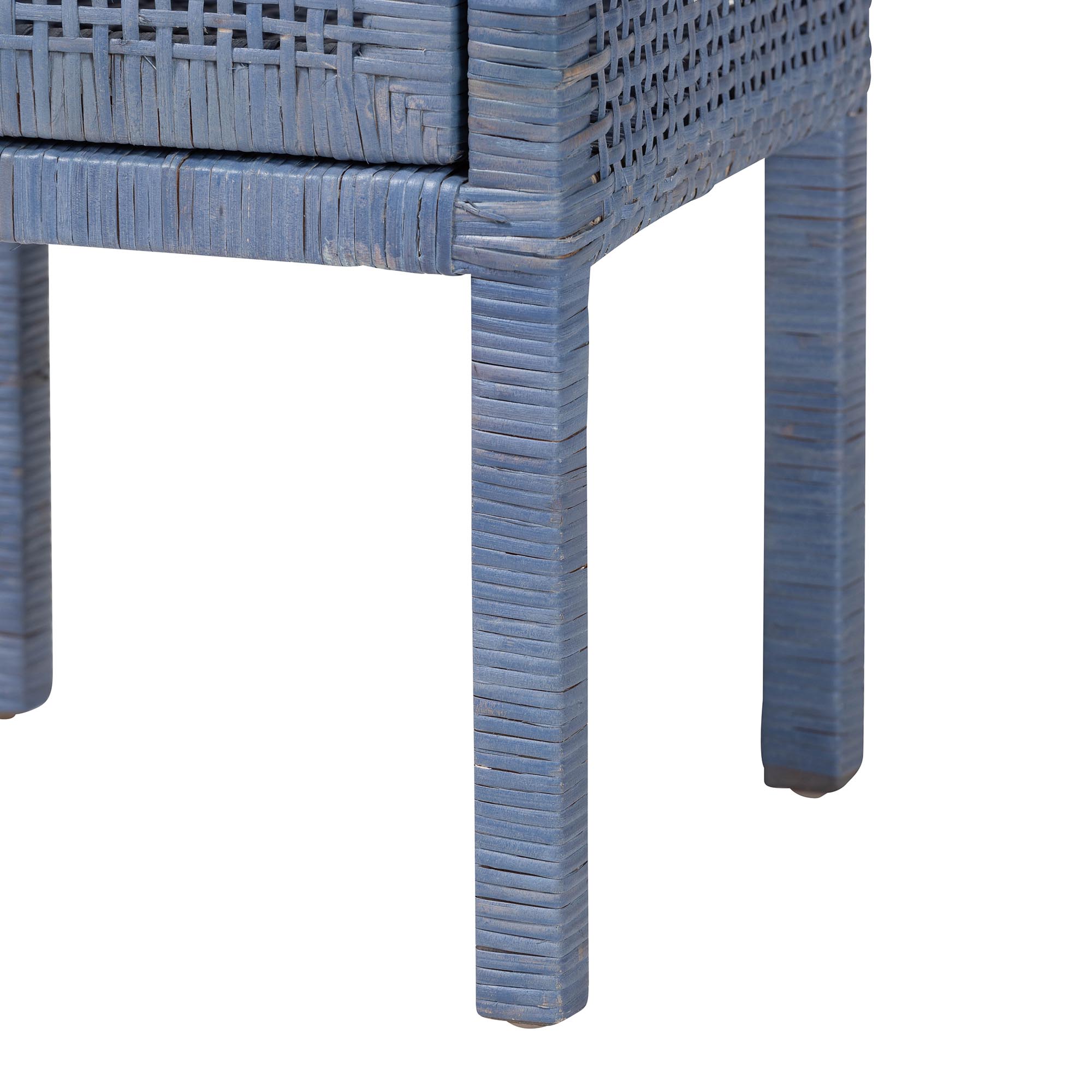 bali & pari Vivan Natural Rattan Nightstand - Handwoven Wicker Accent Bedside Table with Interior Shelving and Elevated Base, Navy Blue