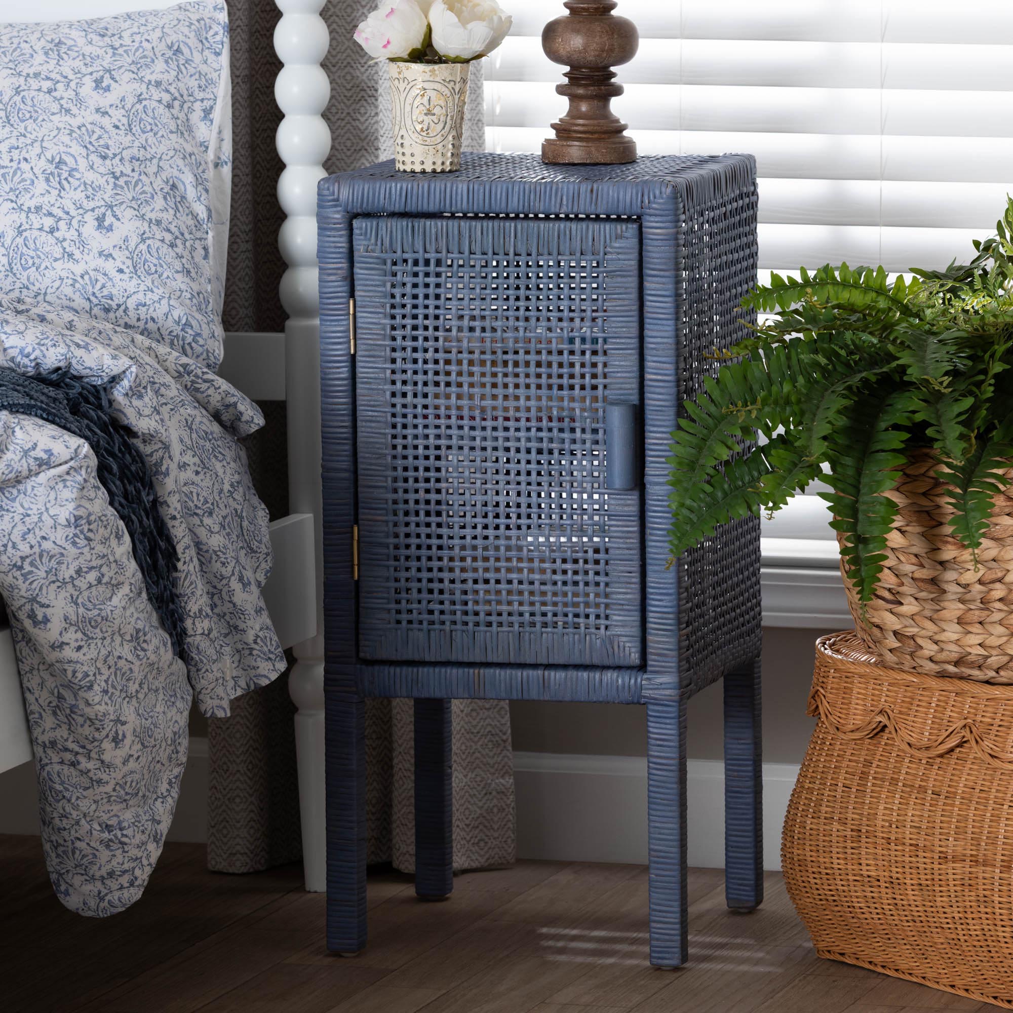 bali & pari Vivan Natural Rattan Nightstand - Handwoven Wicker Accent Bedside Table with Interior Shelving and Elevated Base, Navy Blue