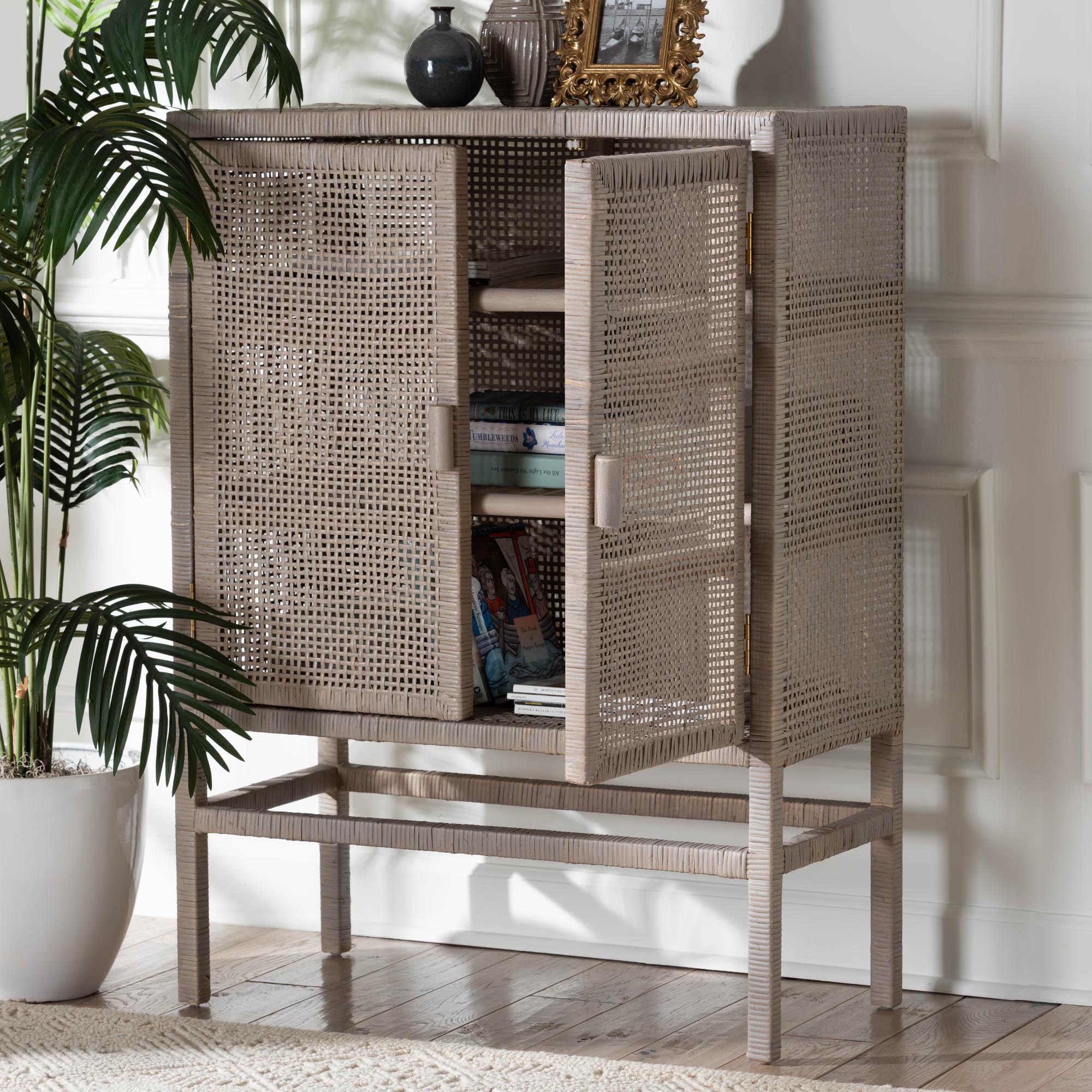 bali & pari Vivan Natural Rattan Storage Cabinet - 3-Tier Handwoven Wicker Accent Cabinet with Double Doors and Elevated Base, French Grey