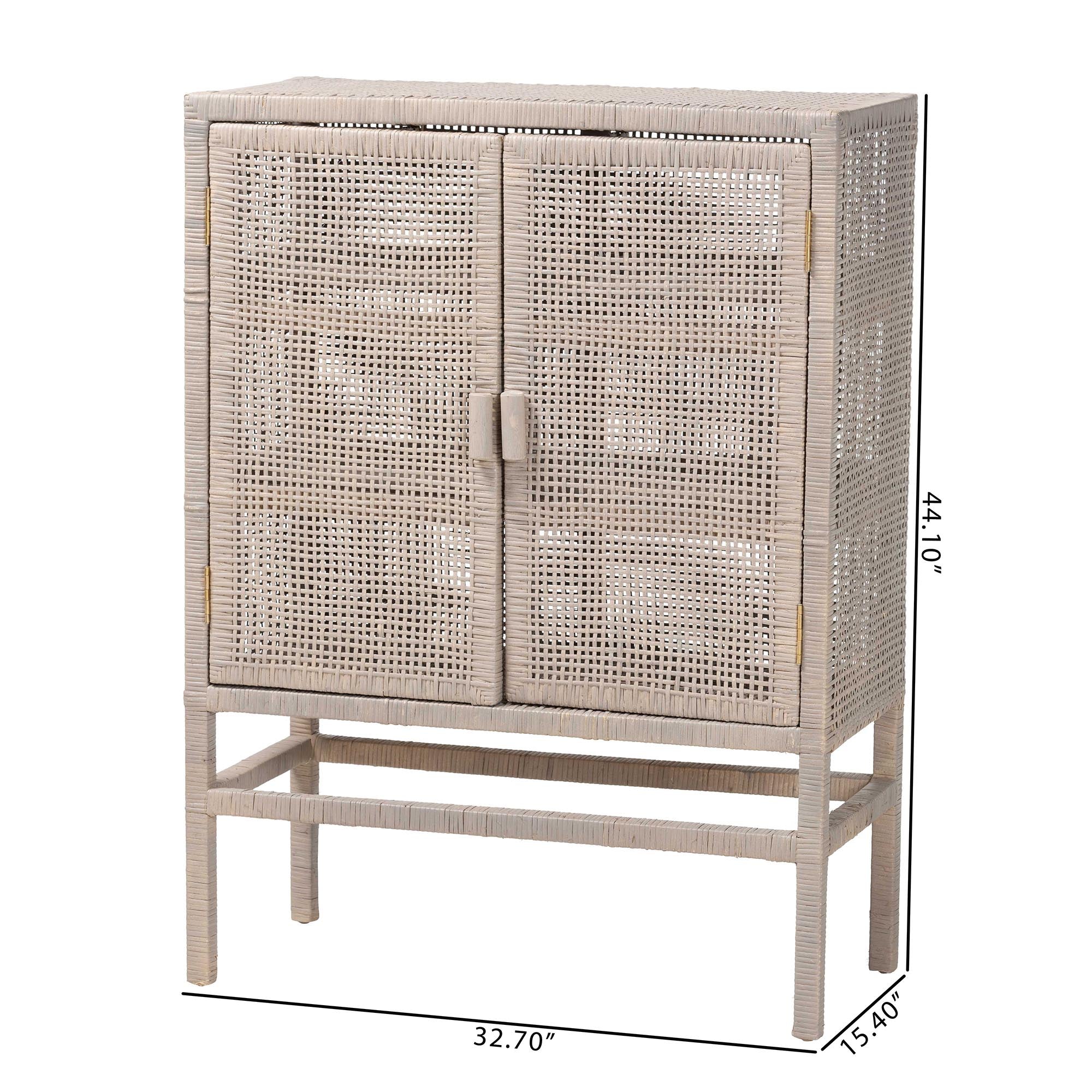 bali & pari Vivan Natural Rattan Storage Cabinet - 3-Tier Handwoven Wicker Accent Cabinet with Double Doors and Elevated Base, French Grey