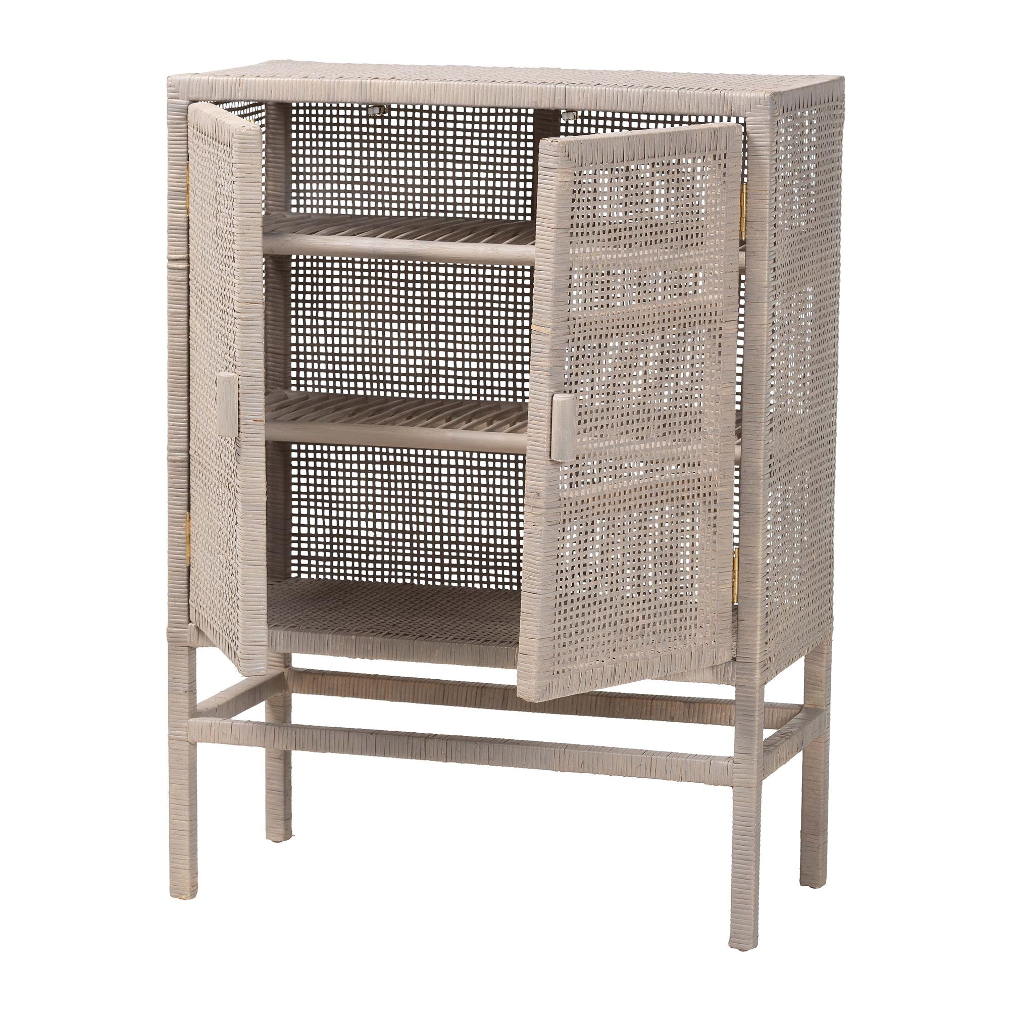 bali & pari Vivan Natural Rattan Storage Cabinet - 3-Tier Handwoven Wicker Accent Cabinet with Double Doors and Elevated Base, French Grey