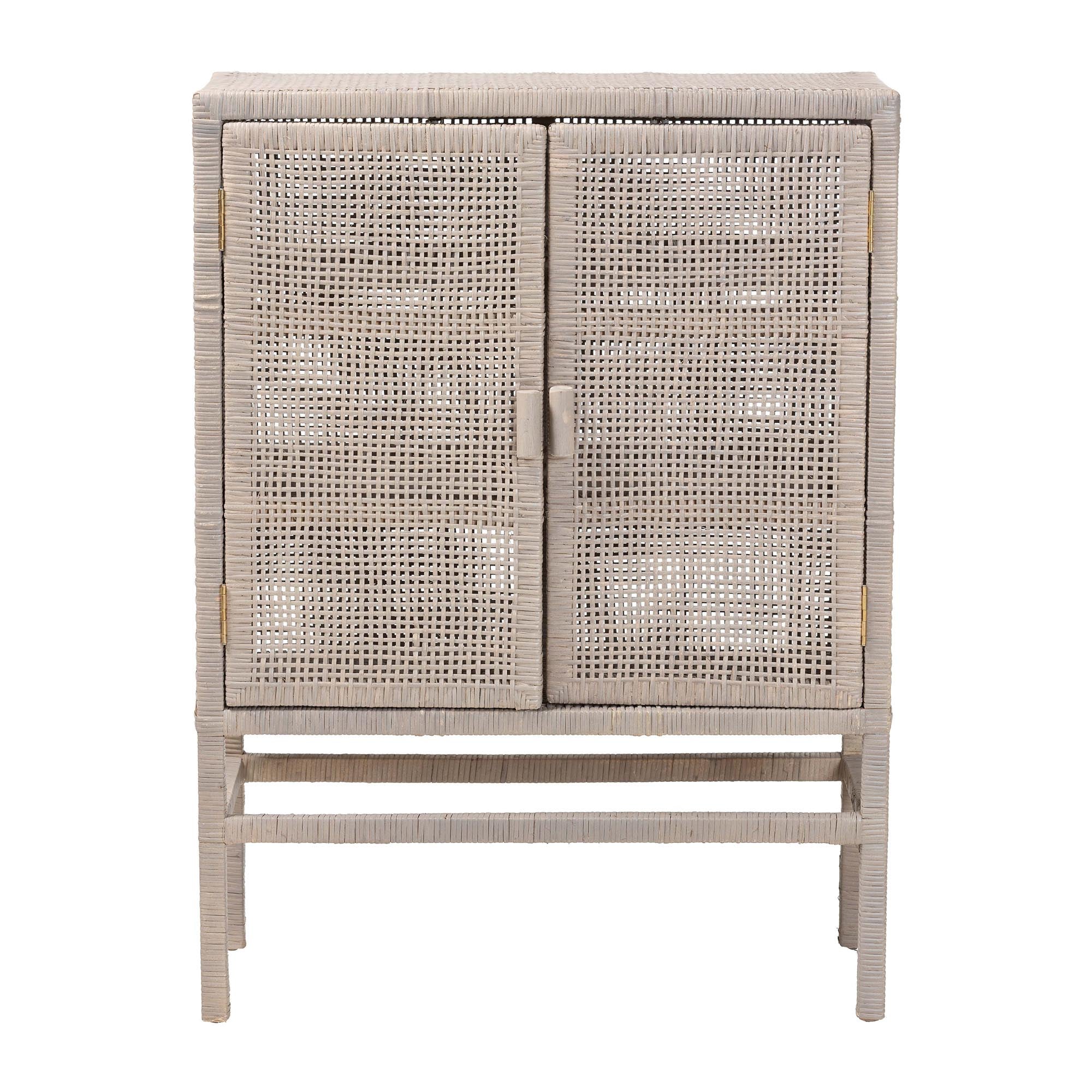 bali & pari Vivan Natural Rattan Storage Cabinet - 3-Tier Handwoven Wicker Accent Cabinet with Double Doors and Elevated Base, French Grey