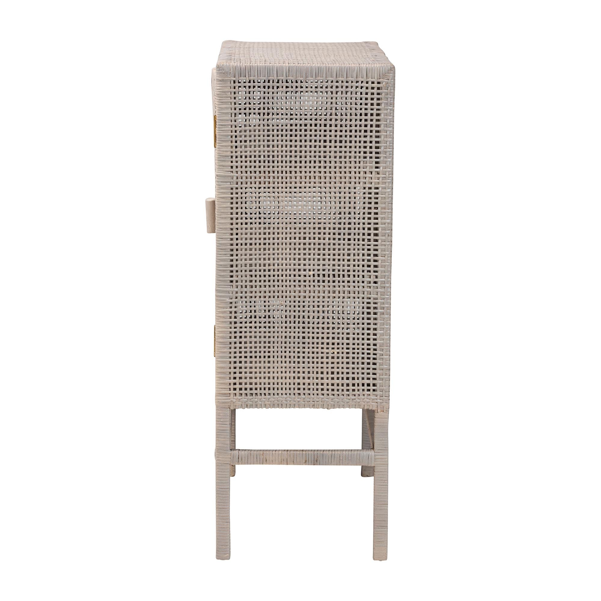 bali & pari Vivan Natural Rattan Storage Cabinet - 3-Tier Handwoven Wicker Accent Cabinet with Double Doors and Elevated Base, French Grey