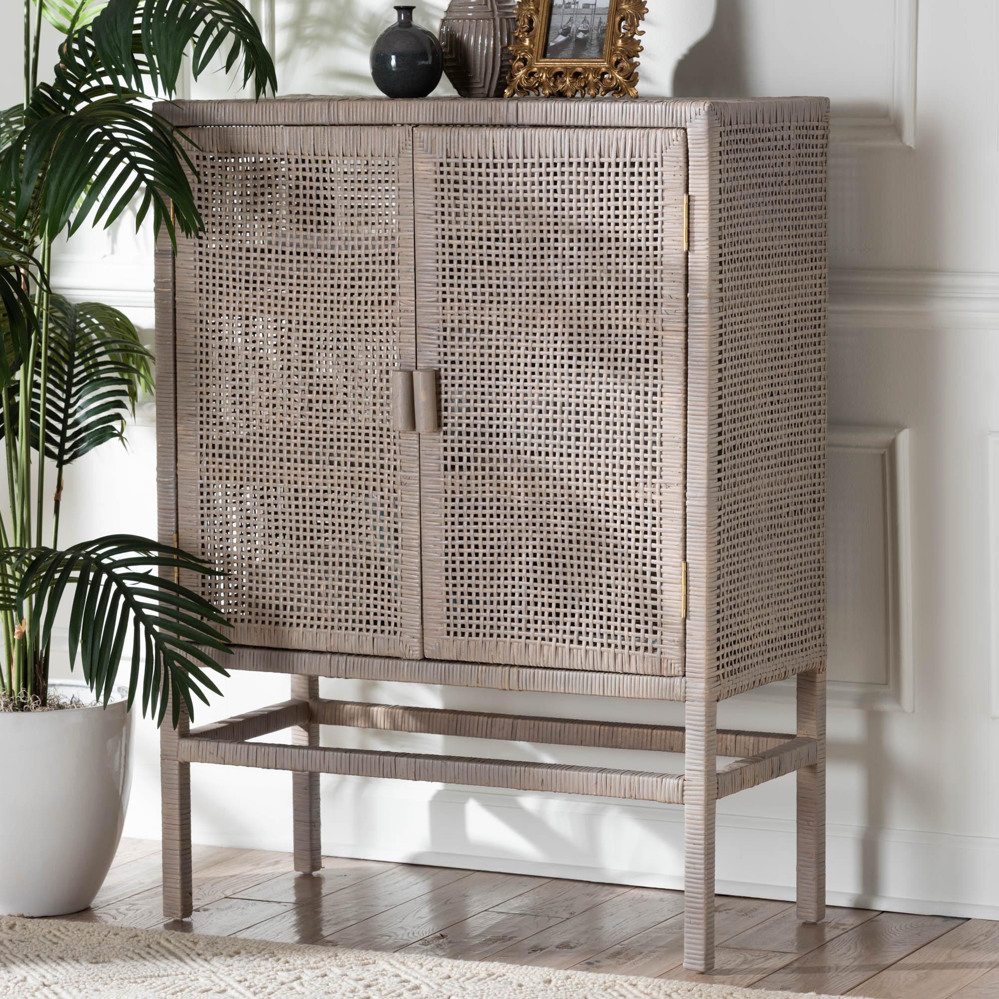 bali & pari Vivan Natural Rattan Storage Cabinet - 3-Tier Handwoven Wicker Accent Cabinet with Double Doors and Elevated Base, French Grey