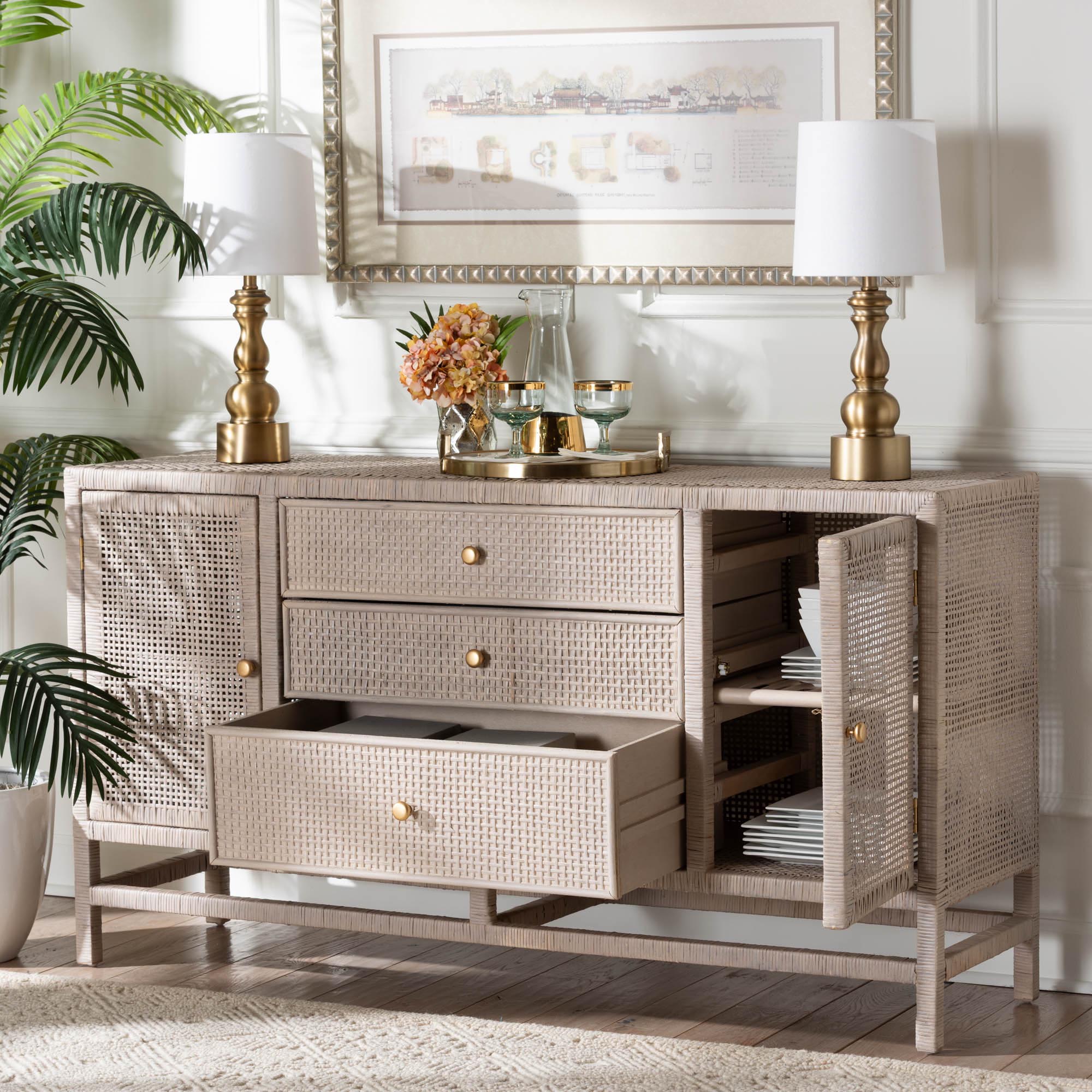bali & pari Vivan Natural Rattan Storage Cabinet - 3-Drawer Handwoven Wicker Accent Cabinet with Interior Shelving and Elevated Base, French Grey