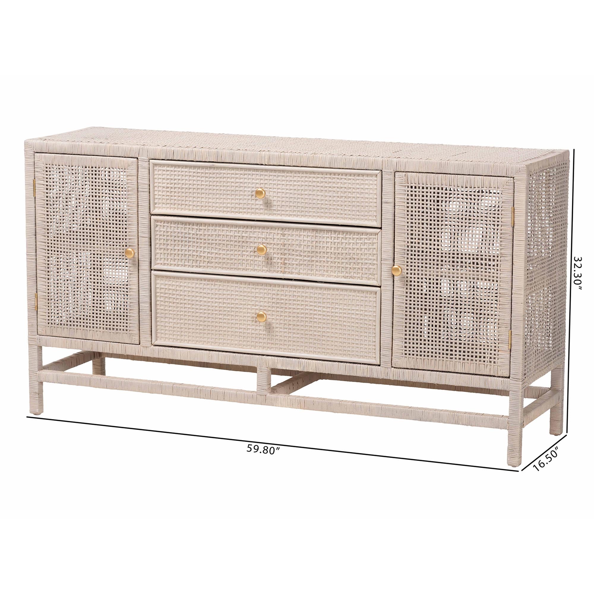 bali & pari Vivan Natural Rattan Storage Cabinet - 3-Drawer Handwoven Wicker Accent Cabinet with Interior Shelving and Elevated Base, French Grey