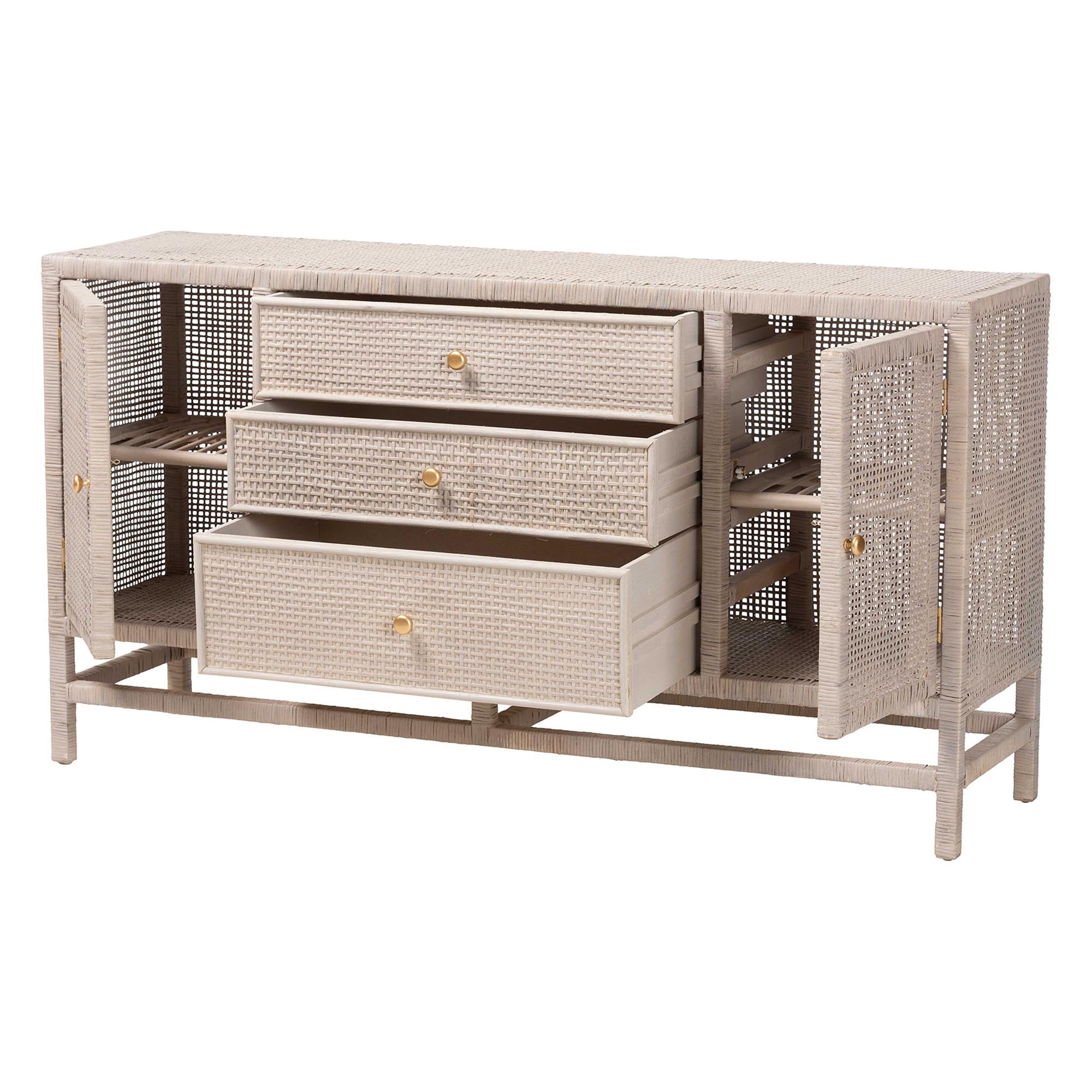 bali & pari Vivan Natural Rattan Storage Cabinet - 3-Drawer Handwoven Wicker Accent Cabinet with Interior Shelving and Elevated Base, French Grey