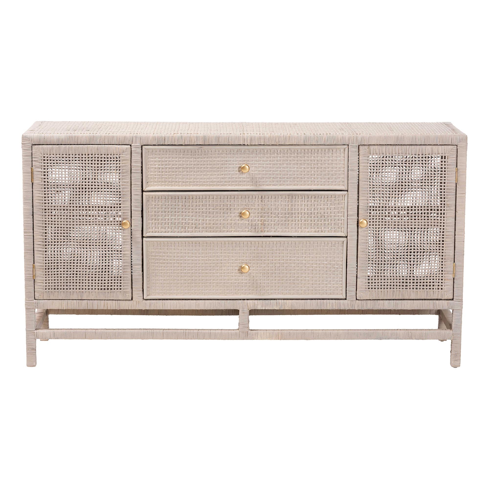 bali & pari Vivan Natural Rattan Storage Cabinet - 3-Drawer Handwoven Wicker Accent Cabinet with Interior Shelving and Elevated Base, French Grey