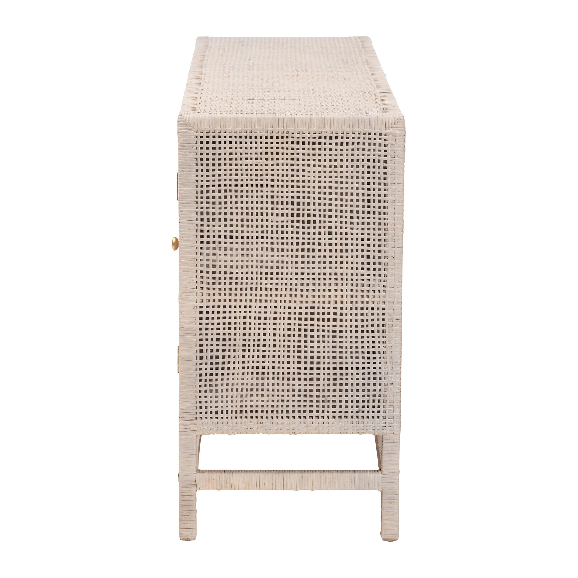 bali & pari Vivan Natural Rattan Storage Cabinet - 3-Drawer Handwoven Wicker Accent Cabinet with Interior Shelving and Elevated Base, French Grey