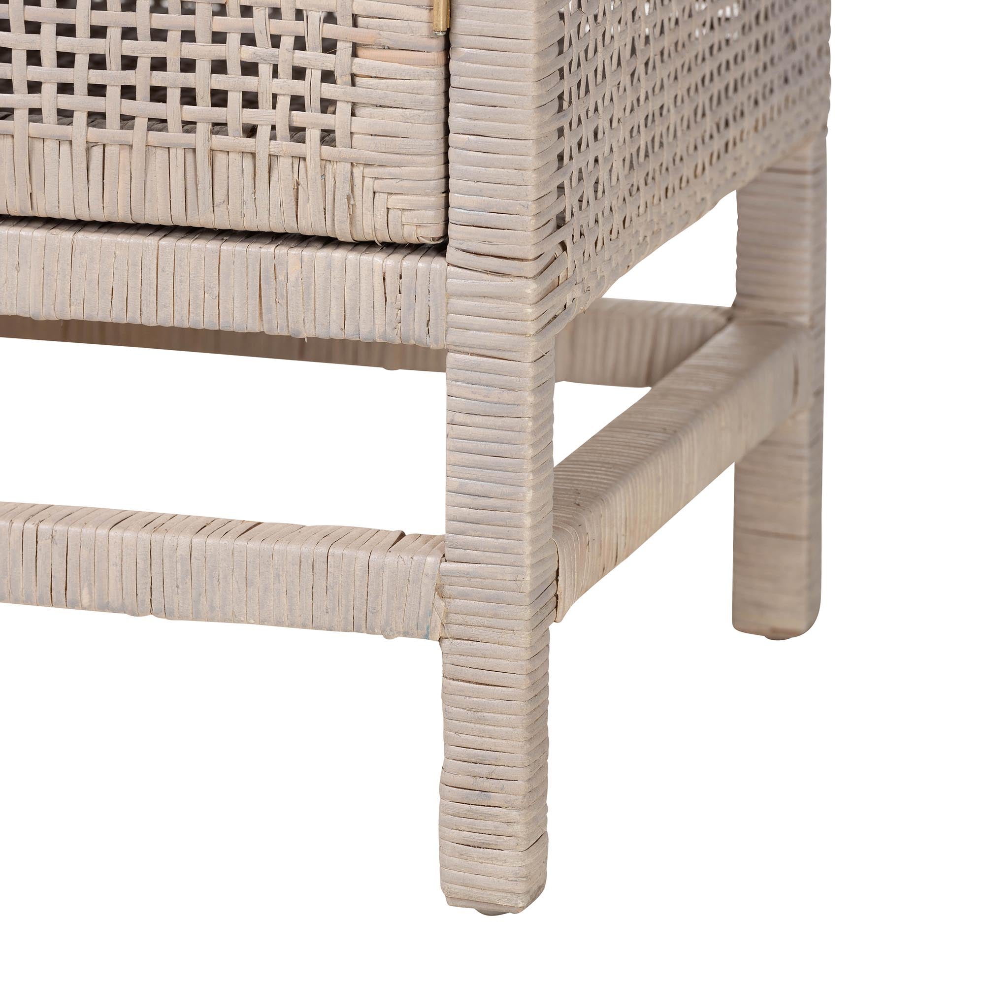 bali & pari Vivan Natural Rattan Storage Cabinet - 3-Drawer Handwoven Wicker Accent Cabinet with Interior Shelving and Elevated Base, French Grey