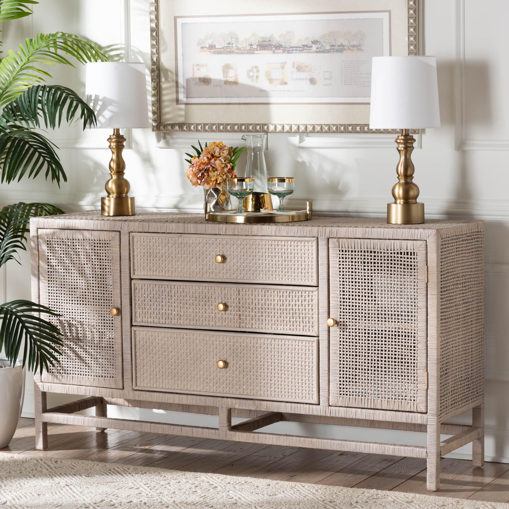 bali & pari Vivan Natural Rattan Storage Cabinet - 3-Drawer Handwoven Wicker Accent Cabinet with Interior Shelving and Elevated Base, French Grey