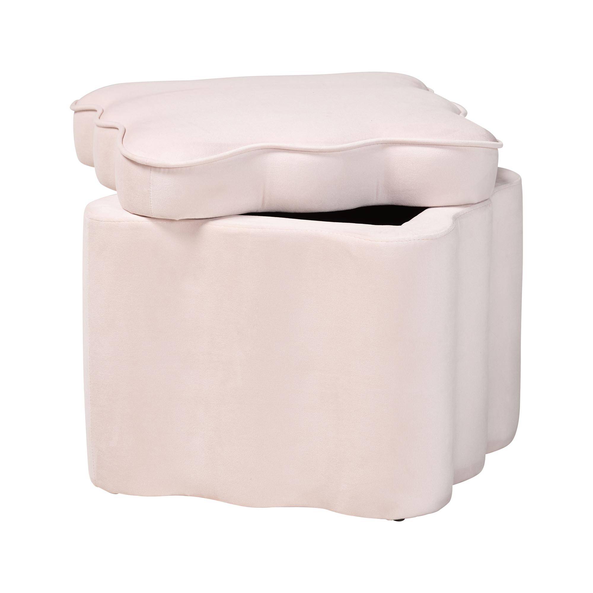 Baxton Studio Paulina Velvet Storage Ottoman - Lid Top Accent Stool with Interior Storage and Scalloped Outline for Bedroom or Living Room, Light Pink