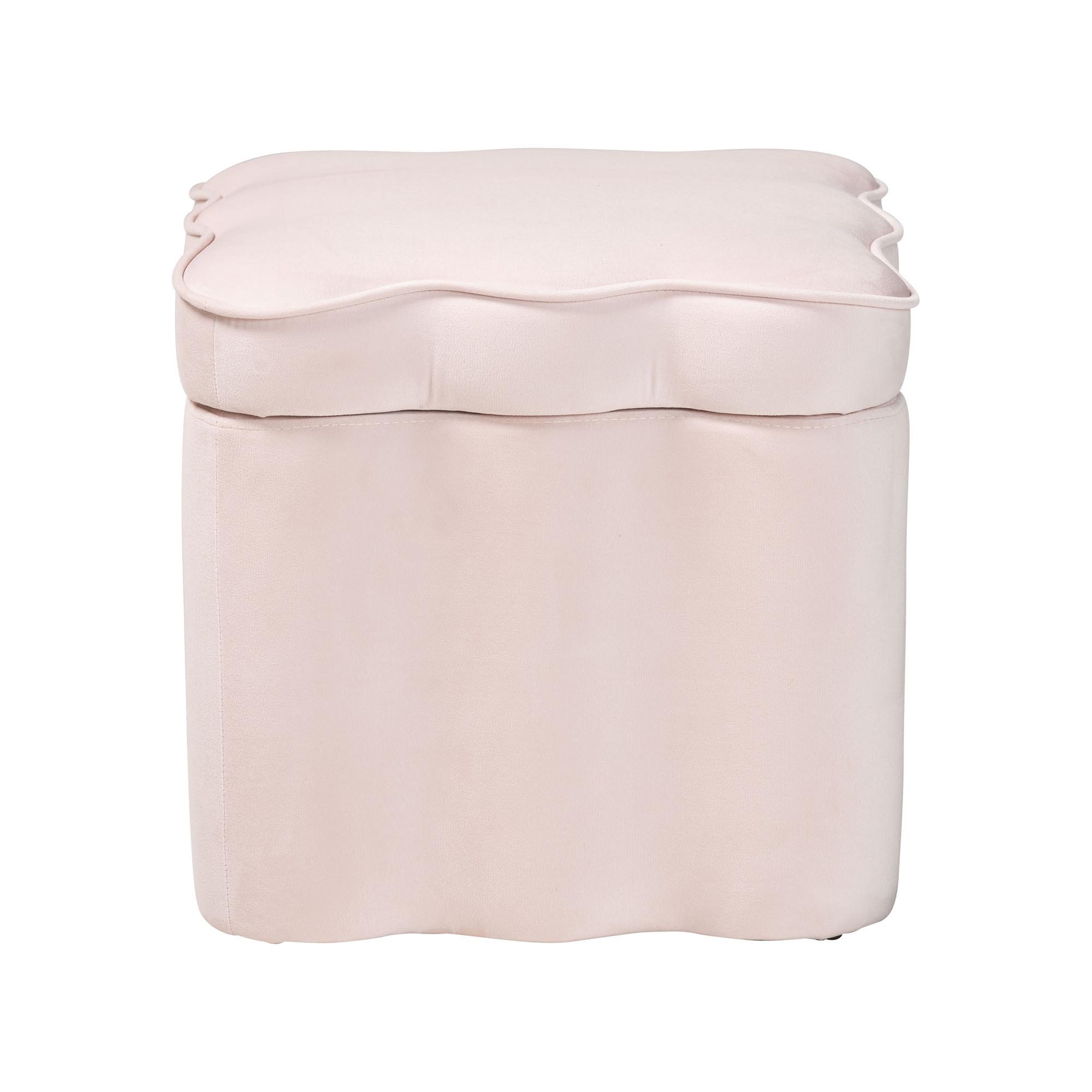 Baxton Studio Paulina Velvet Storage Ottoman - Lid Top Accent Stool with Interior Storage and Scalloped Outline for Bedroom or Living Room, Light Pink