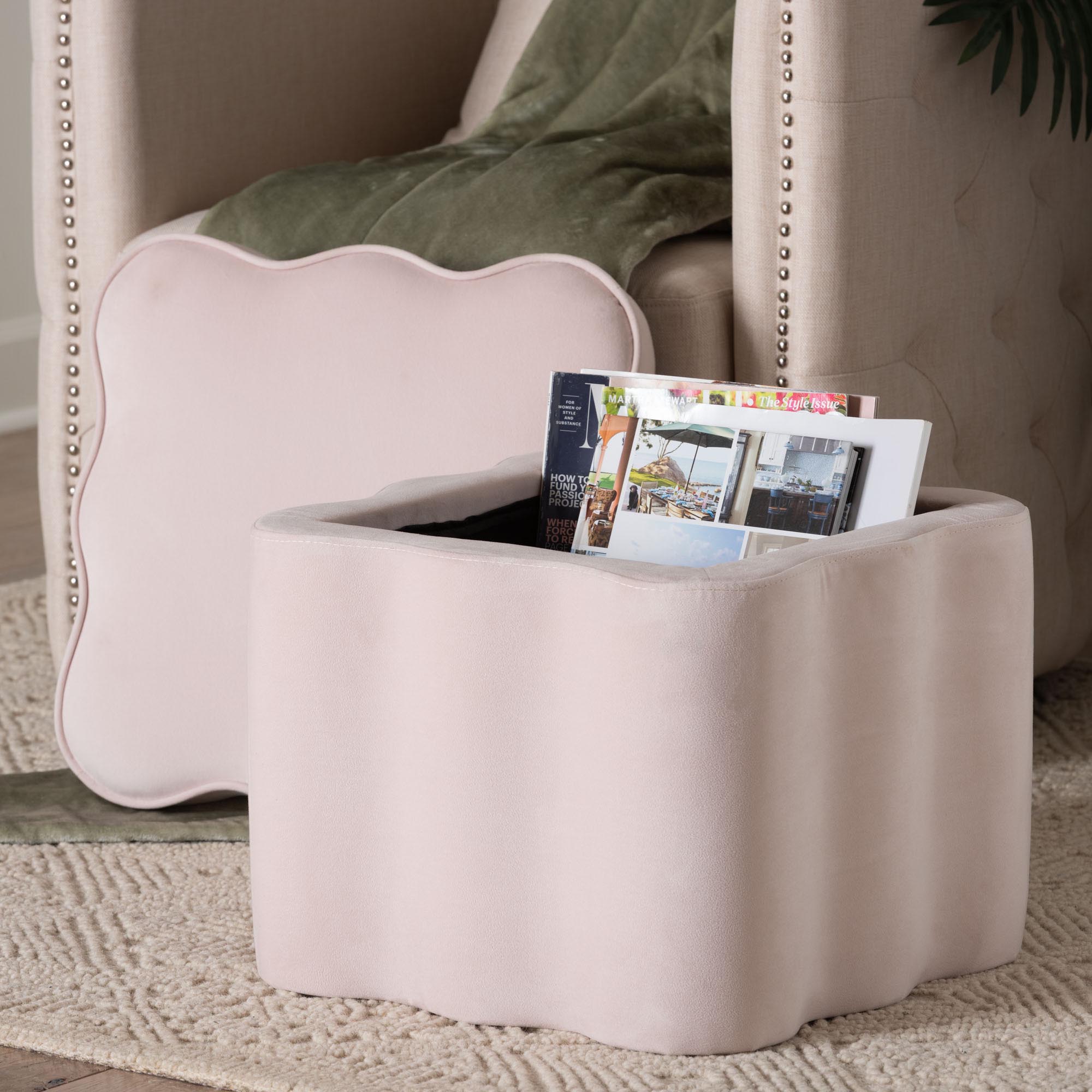 Baxton Studio Paulina Velvet Storage Ottoman - Lid Top Accent Stool with Interior Storage and Scalloped Outline for Bedroom or Living Room, Light Pink