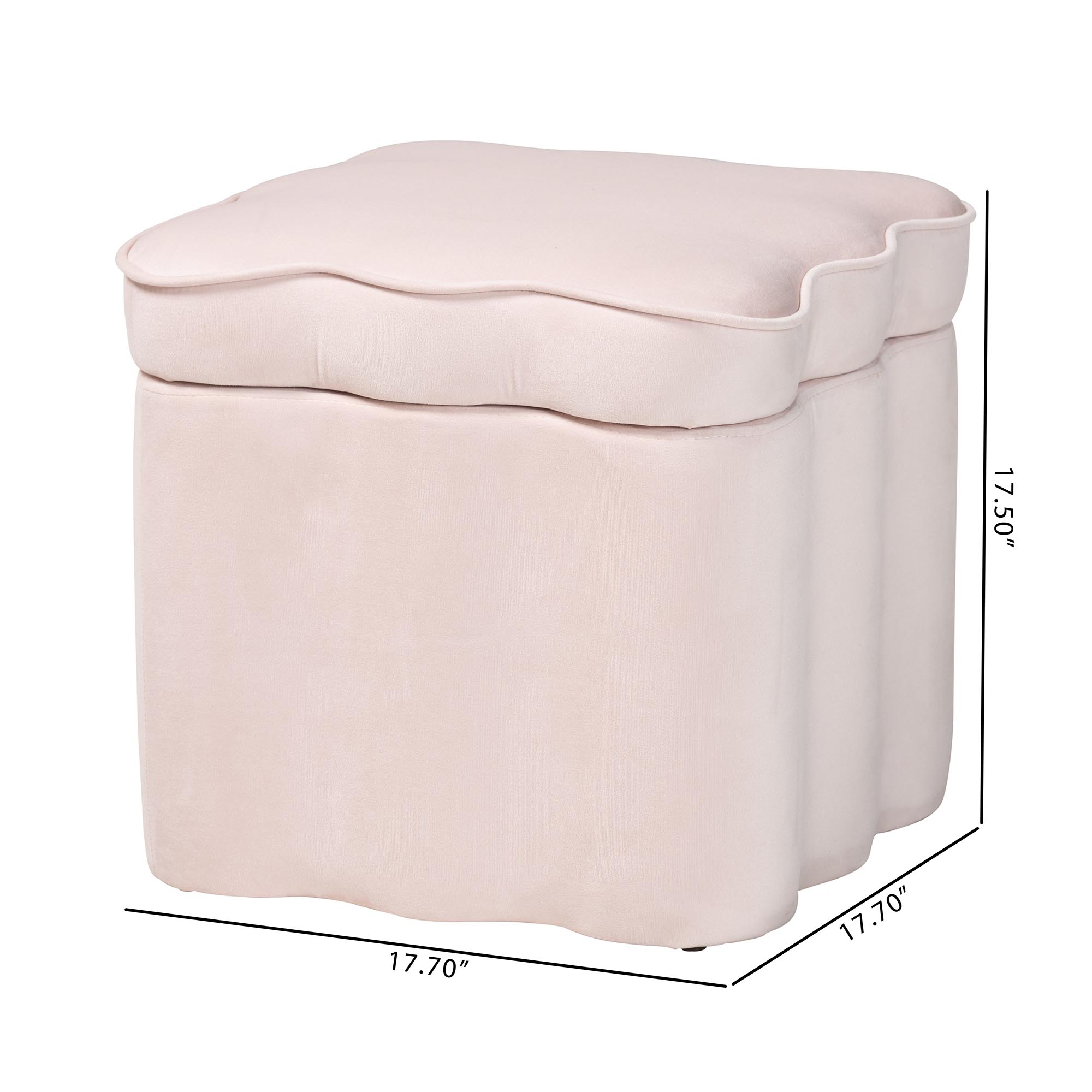 Baxton Studio Paulina Velvet Storage Ottoman - Lid Top Accent Stool with Interior Storage and Scalloped Outline for Bedroom or Living Room, Light Pink