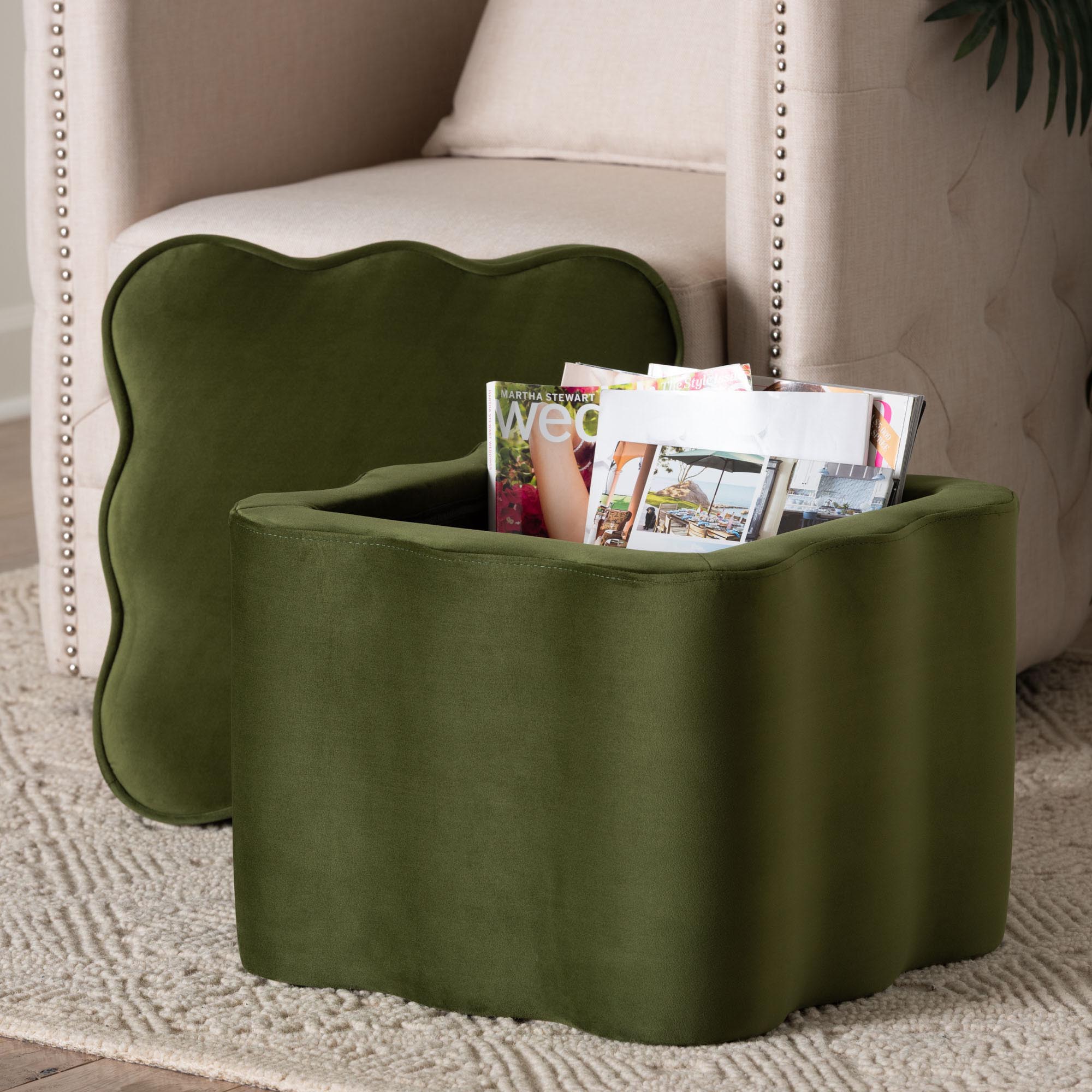 Baxton Studio Paulina Velvet Storage Ottoman - Lid Top Accent Stool with Interior Storage and Scalloped Outline for Bedroom or Living Room, Moss Green