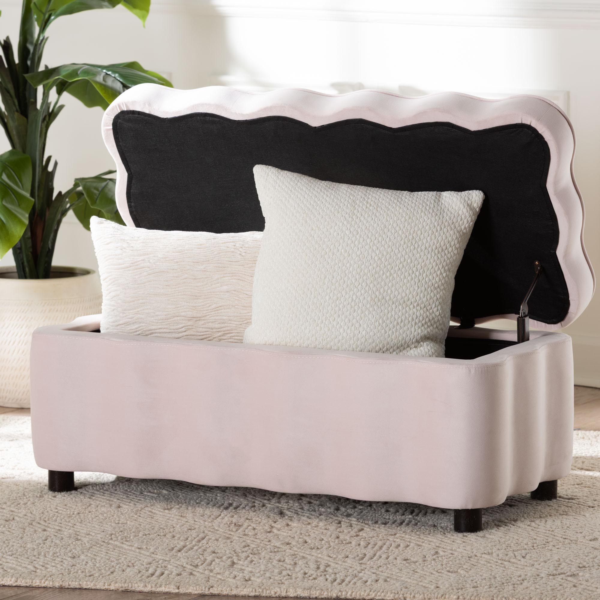 Baxton Studio Paulina Velvet Storage Bench - Lift Top Accent Bench with Interior Storage and Scalloped Outline for Bedroom or Living Room, Light Pink
