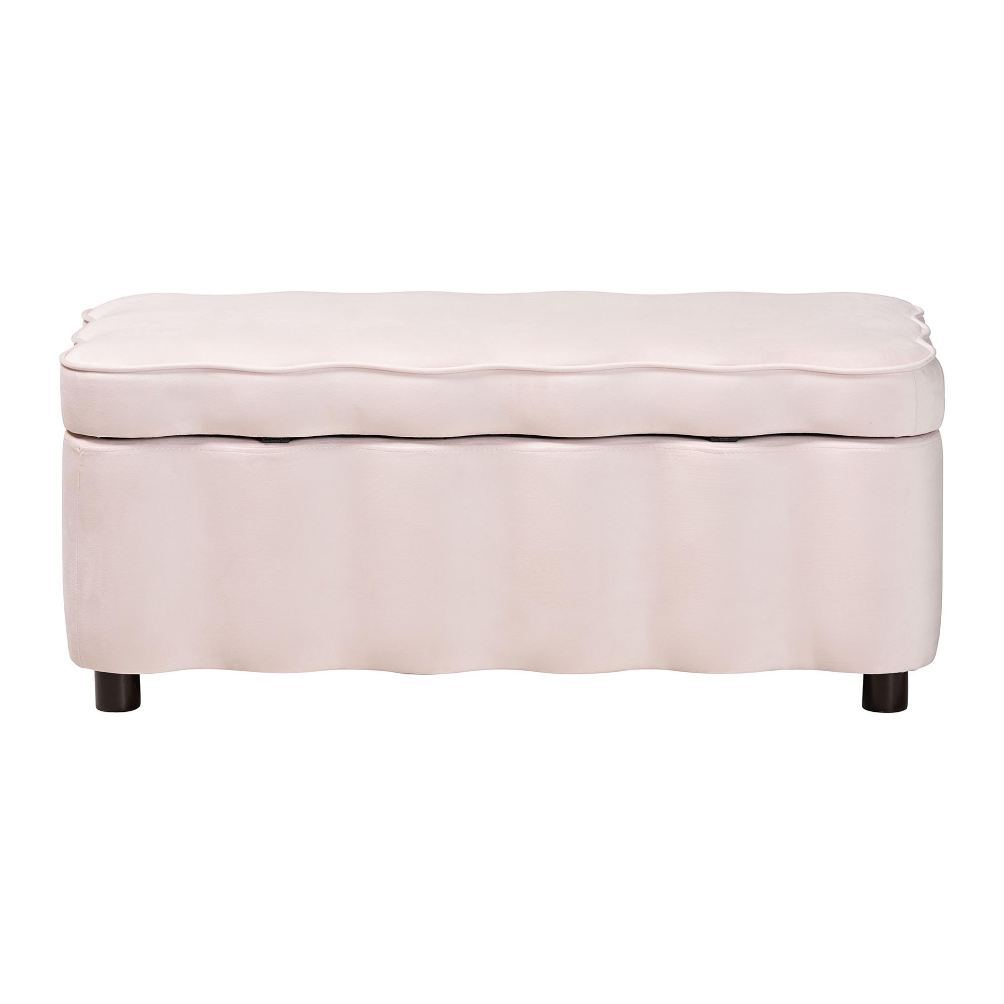 Baxton Studio Paulina Velvet Storage Bench - Lift Top Accent Bench with Interior Storage and Scalloped Outline for Bedroom or Living Room, Light Pink