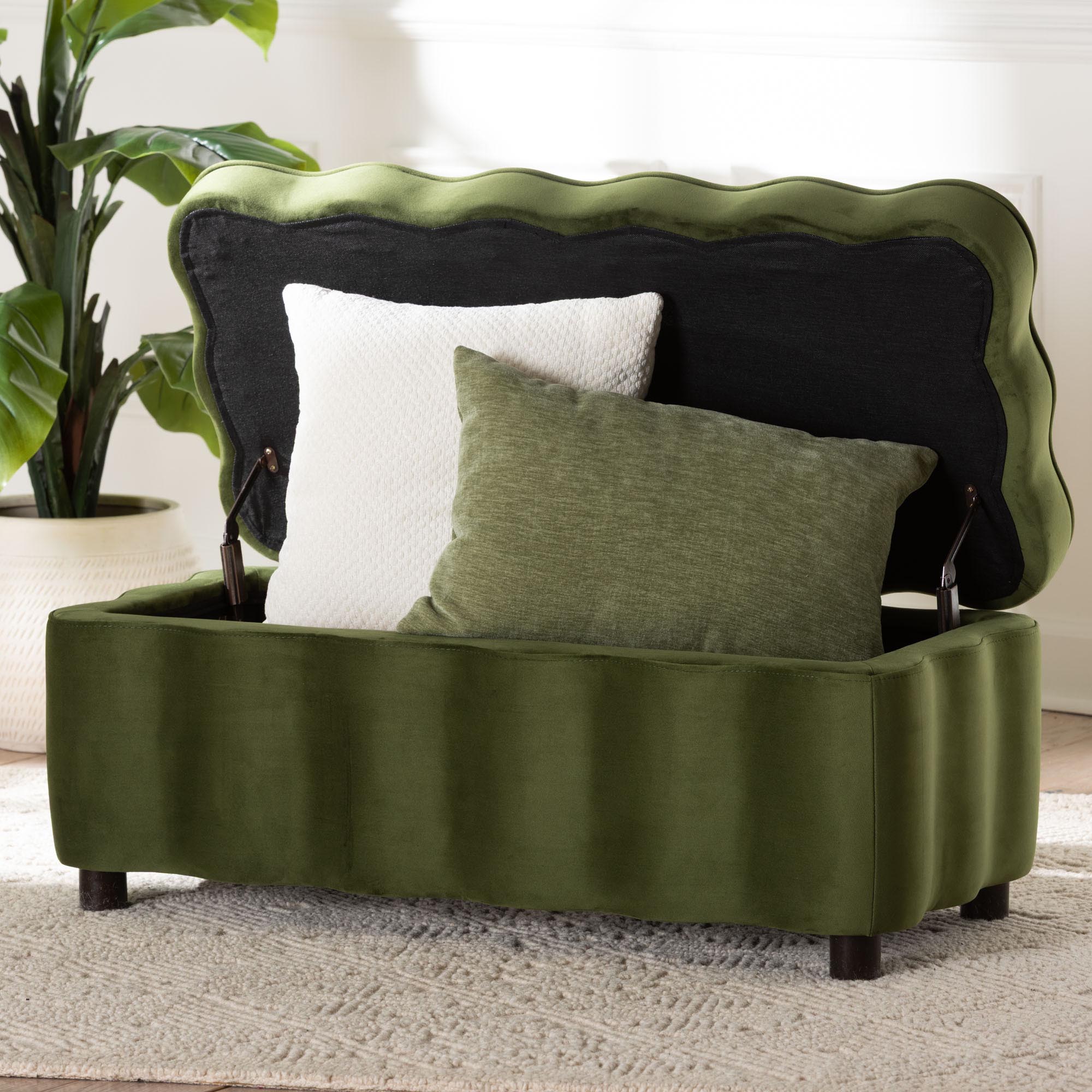 Baxton Studio Paulina Velvet Storage Bench - Lift Top Accent Bench with Interior Storage and Scalloped Outline for Bedroom or Living Room, Moss Green