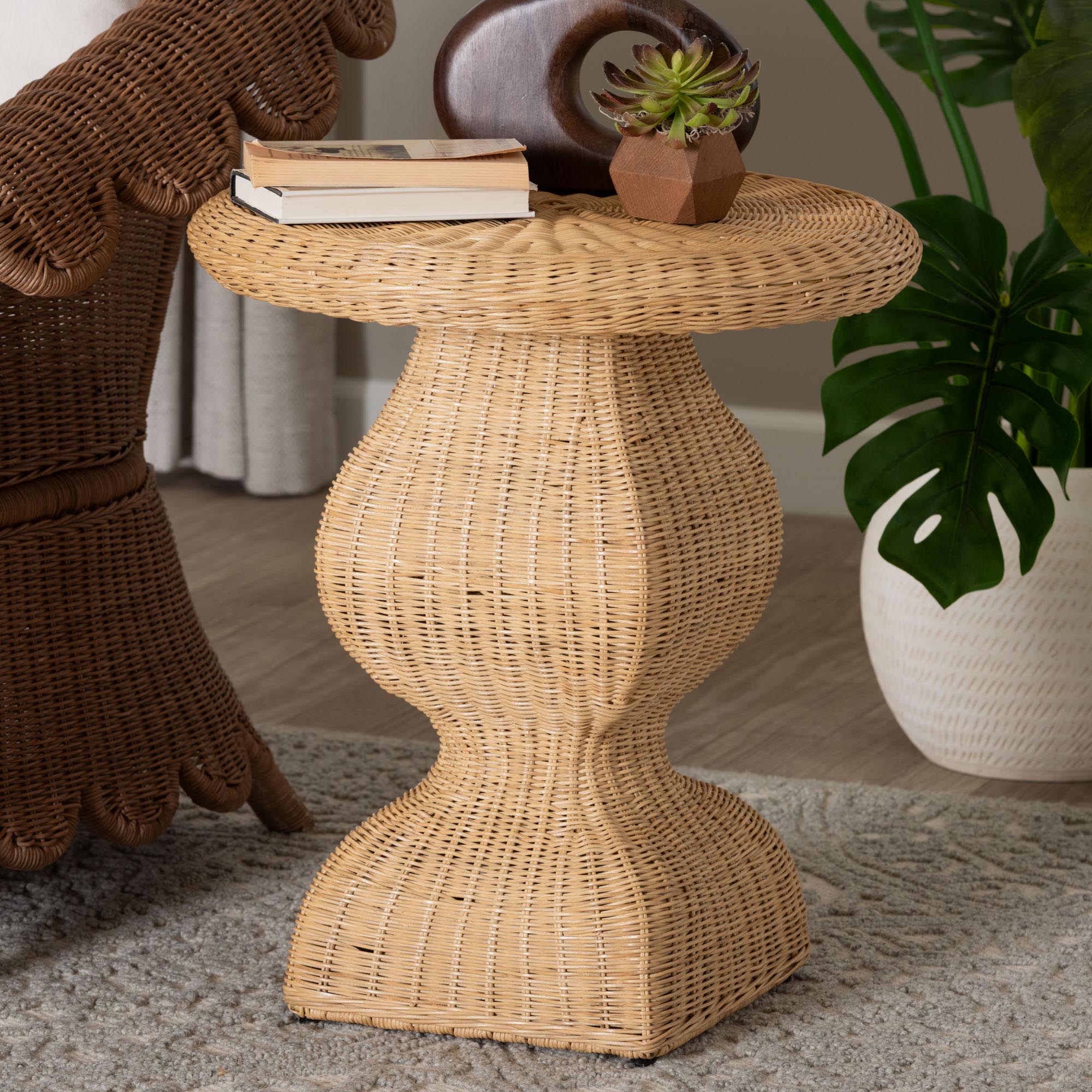 bali & pari Hideo Natural Rattan End Table - Handwoven Wicker Sculptural Accent Table with Pedestal Base