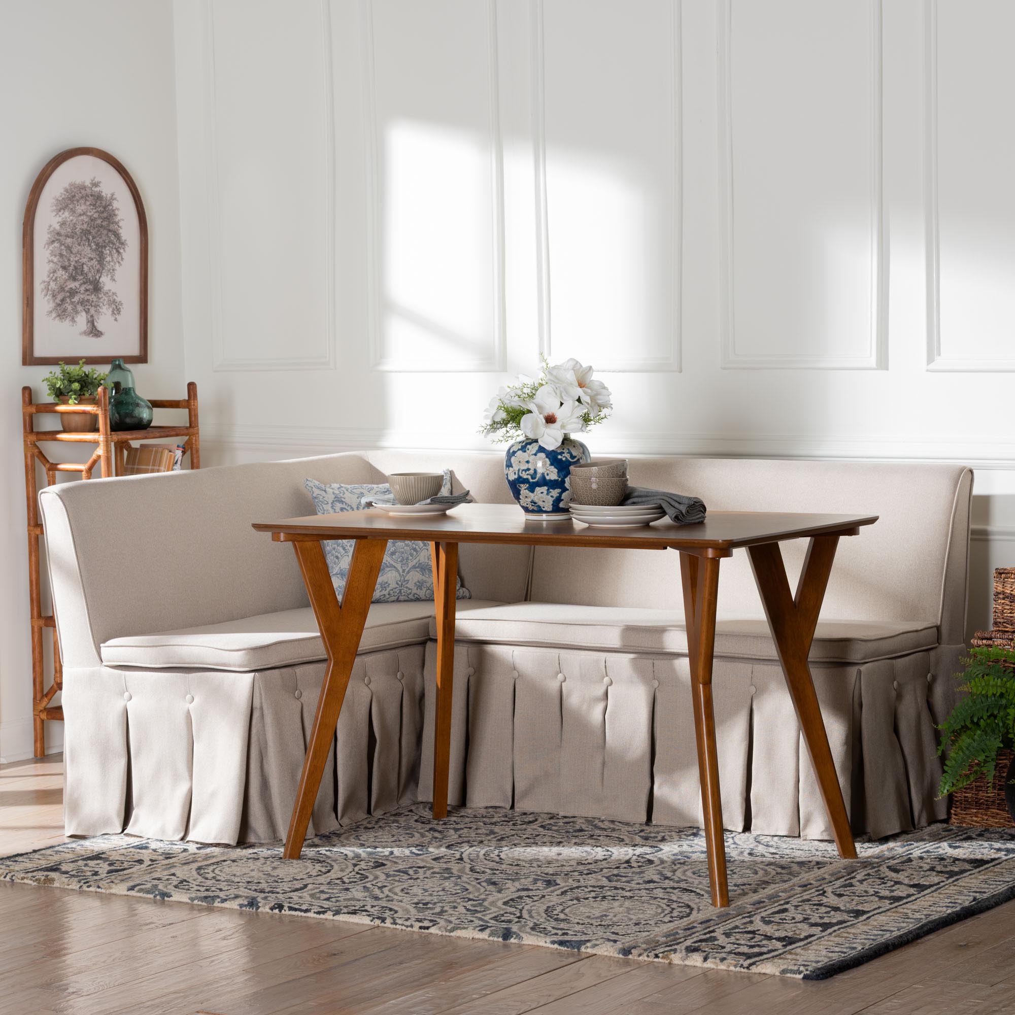 Baxton Studio Reginald 3-Piece Fabric Upholstered Dining Nook Set - Corner Kitchen Dining Banquette Set with Skirted Base, L-Shaped Seating for Small Spaces, Beige