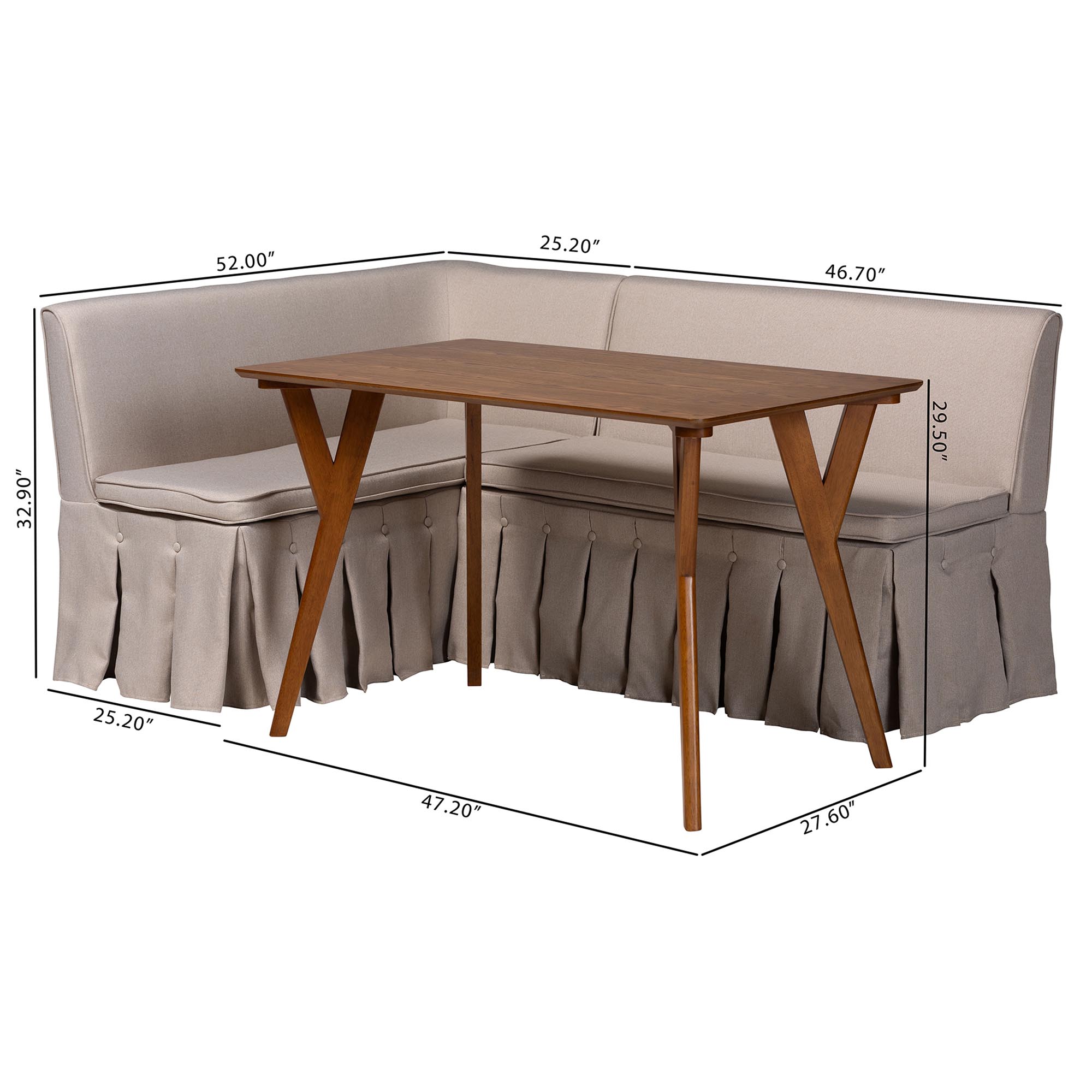 Baxton Studio Reginald 3-Piece Fabric Upholstered Dining Nook Set - Corner Kitchen Dining Banquette Set with Skirted Base, L-Shaped Seating for Small Spaces, Beige
