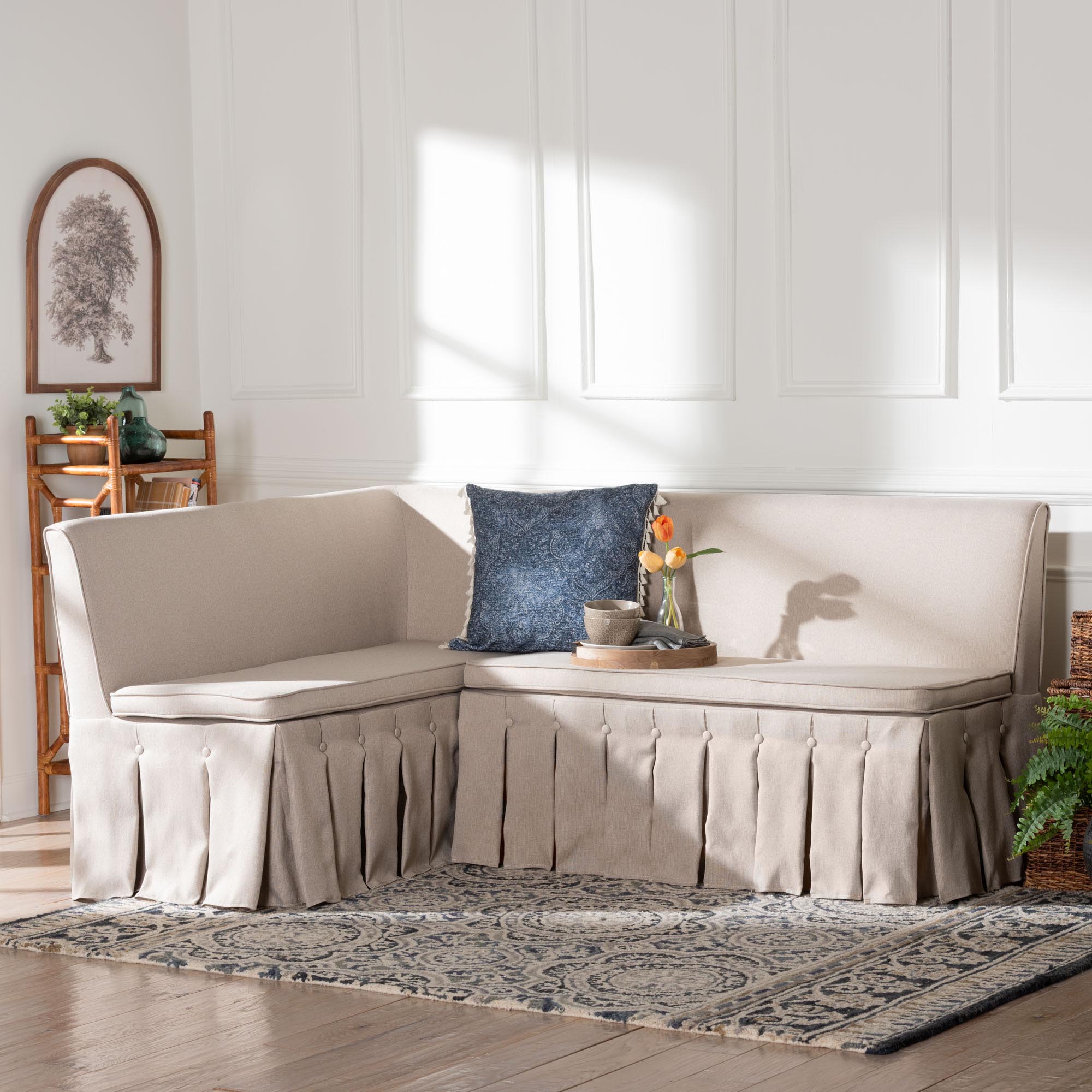 Baxton Studio Meyer 2-Piece Fabric Upholstered Dining Nook Bench Set - Corner Kitchen Banquette Seating with Skirted Base, L-Shaped Breakfast Nook for Small Spaces, Beige