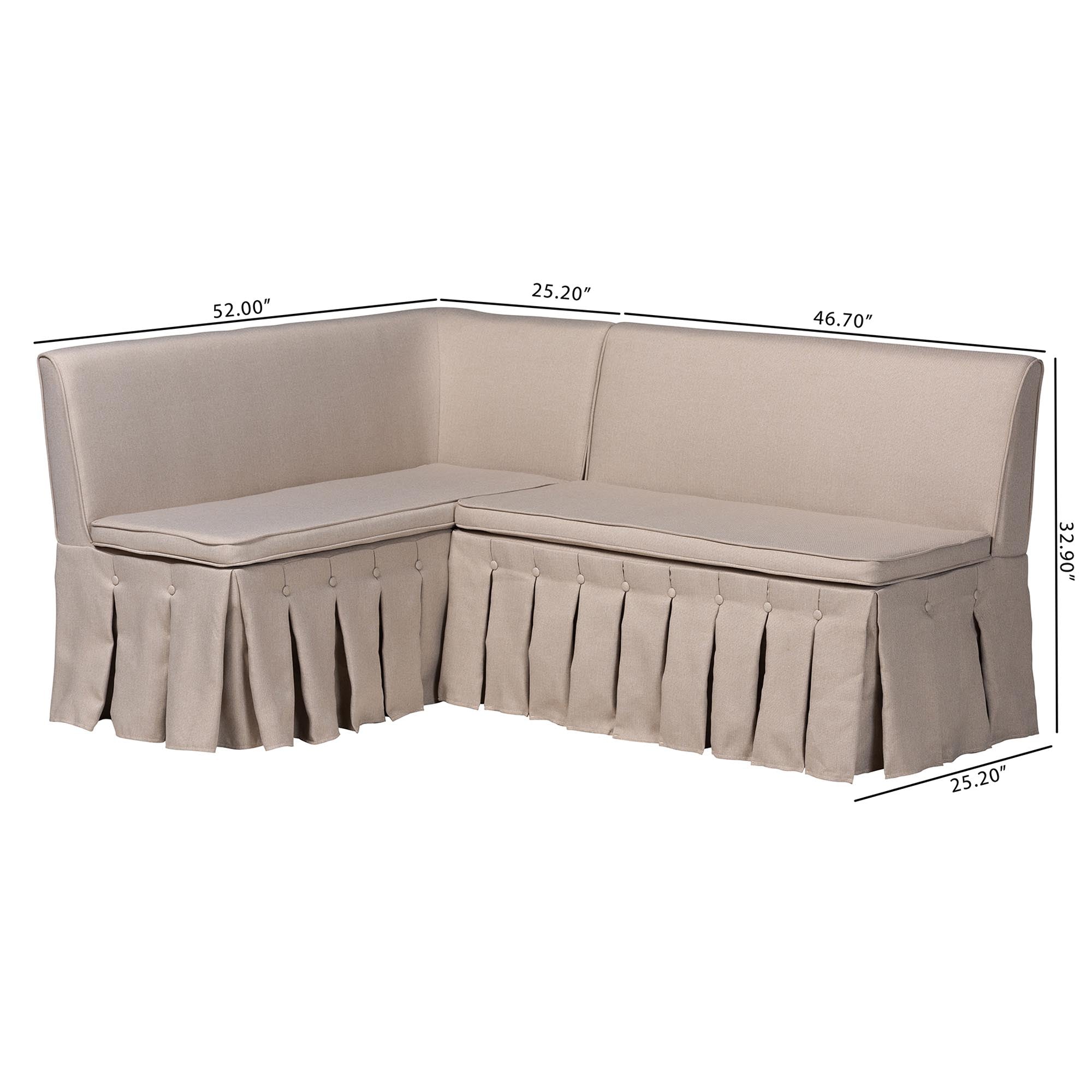 Baxton Studio Meyer 2-Piece Fabric Upholstered Dining Nook Bench Set - Corner Kitchen Banquette Seating with Skirted Base, L-Shaped Breakfast Nook for Small Spaces, Beige