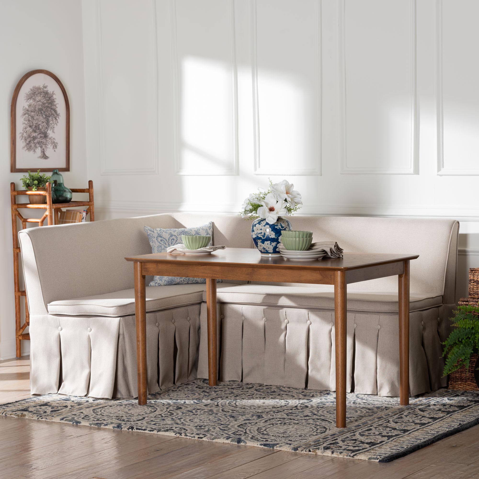 Baxton Studio Reuben 3-Piece Fabric Upholstered Dining Nook Set - Corner Kitchen Dining Banquette Set with Skirted Base, L-Shaped Seating for Small Spaces, Beige