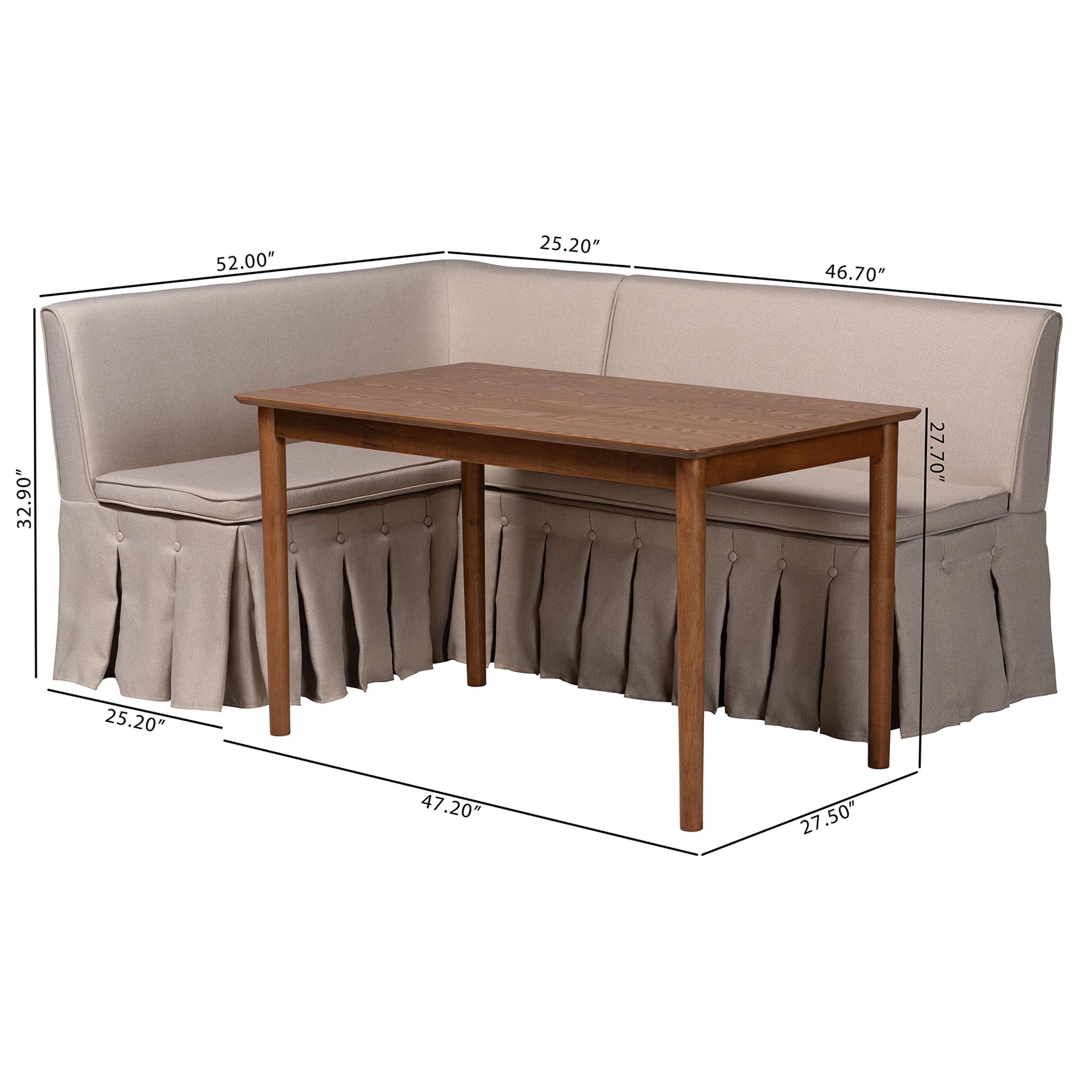 Baxton Studio Reuben 3-Piece Fabric Upholstered Dining Nook Set - Corner Kitchen Dining Banquette Set with Skirted Base, L-Shaped Seating for Small Spaces, Beige
