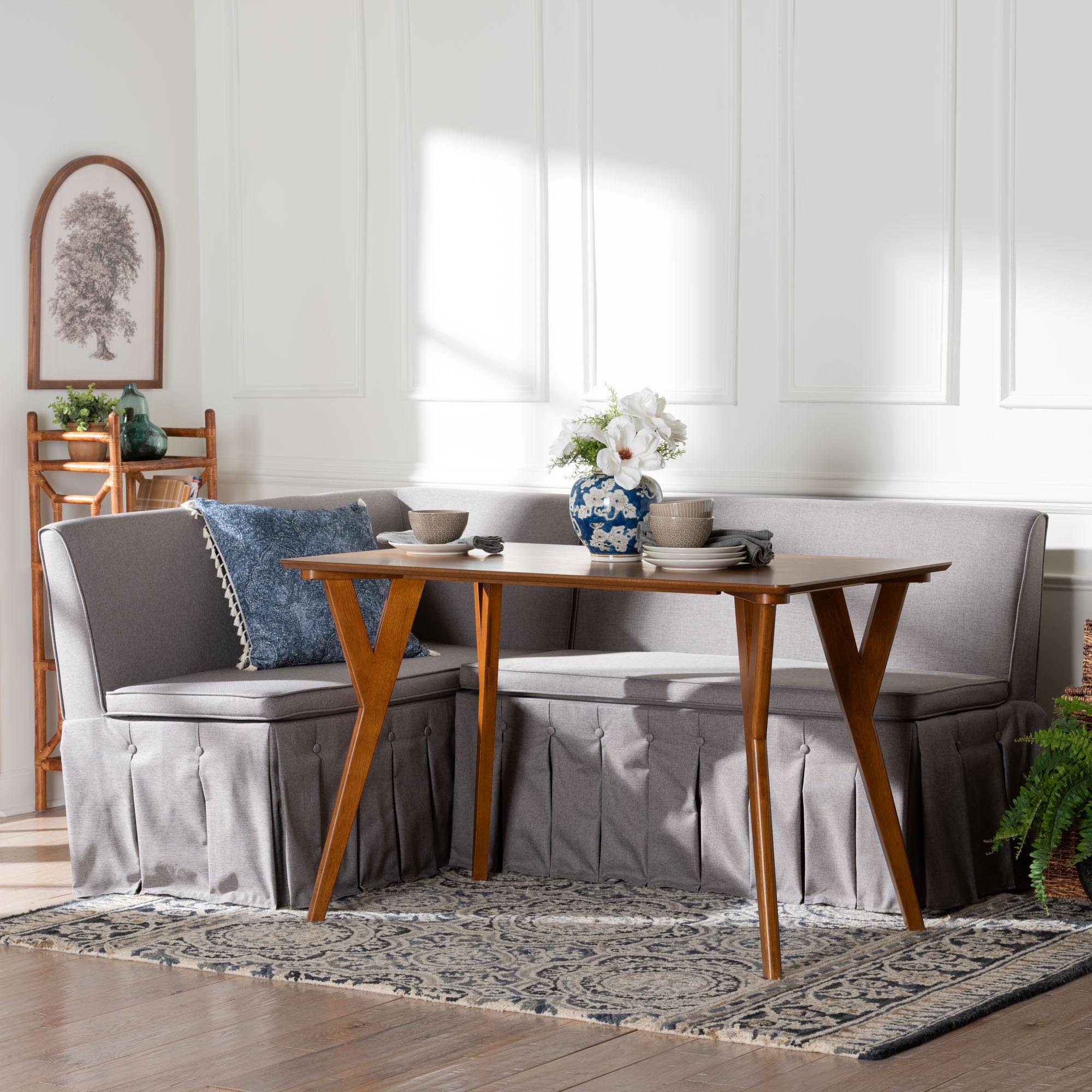Baxton Studio Reginald 3-Piece Fabric Upholstered Dining Nook Set - Corner Kitchen Dining Banquette Set with Skirted Base, L-Shaped Seating for Small Spaces, Grey