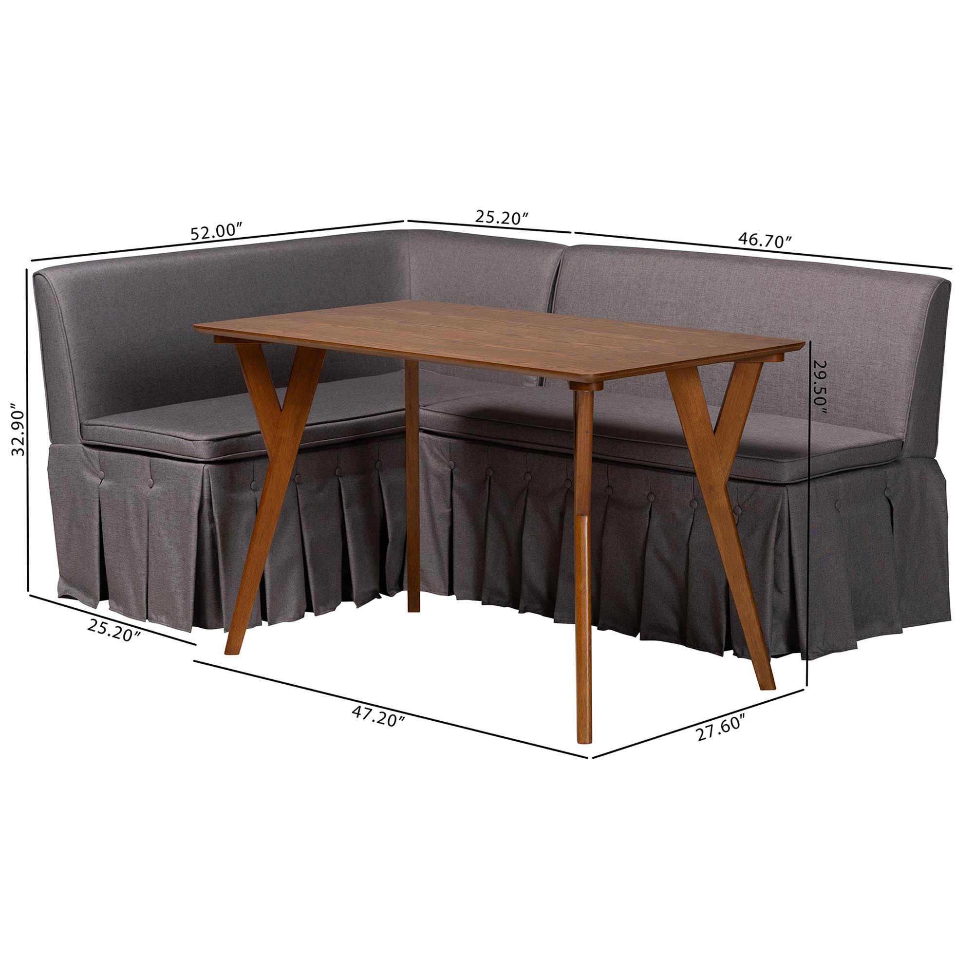 Baxton Studio Reginald 3-Piece Fabric Upholstered Dining Nook Set - Corner Kitchen Dining Banquette Set with Skirted Base, L-Shaped Seating for Small Spaces, Grey