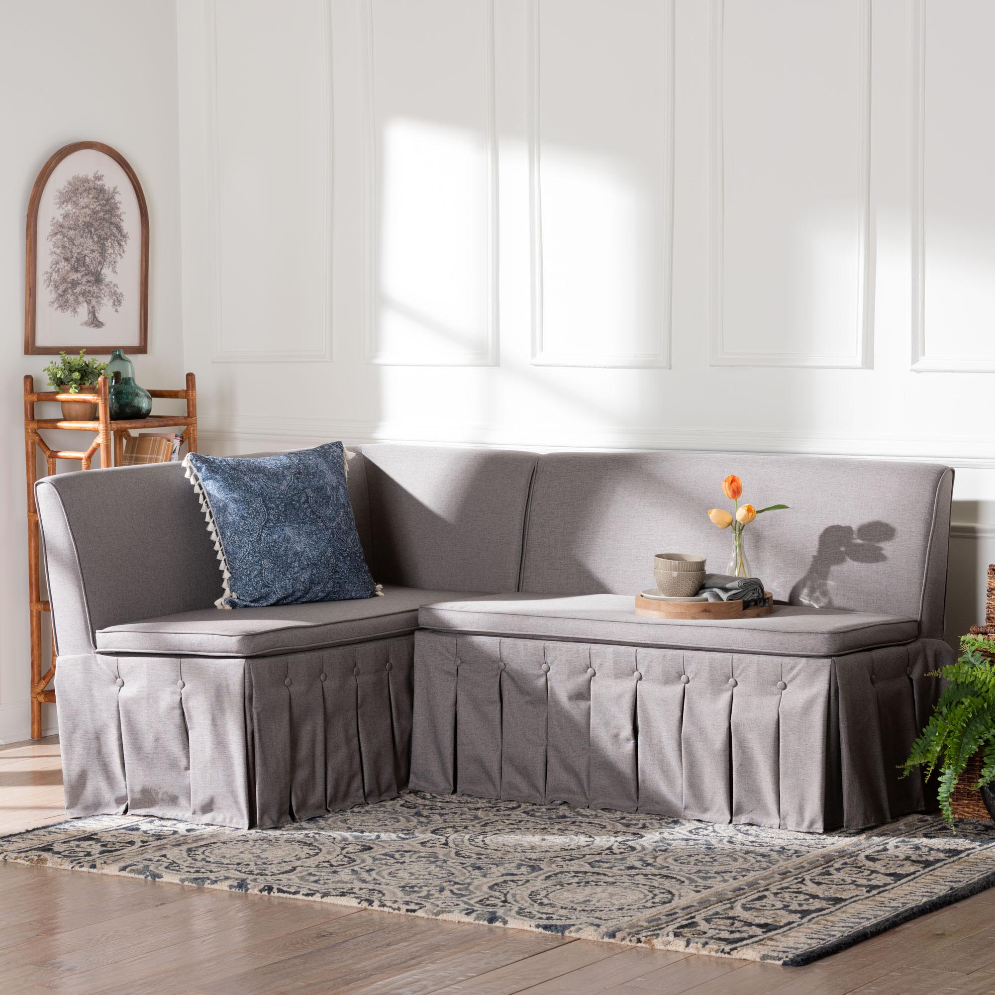 Baxton Studio Meyer 2-Piece Fabric Upholstered Dining Nook Bench Set - Corner Kitchen Banquette Seating with Skirted Base, L-Shaped Breakfast Nook for Small Spaces, Grey