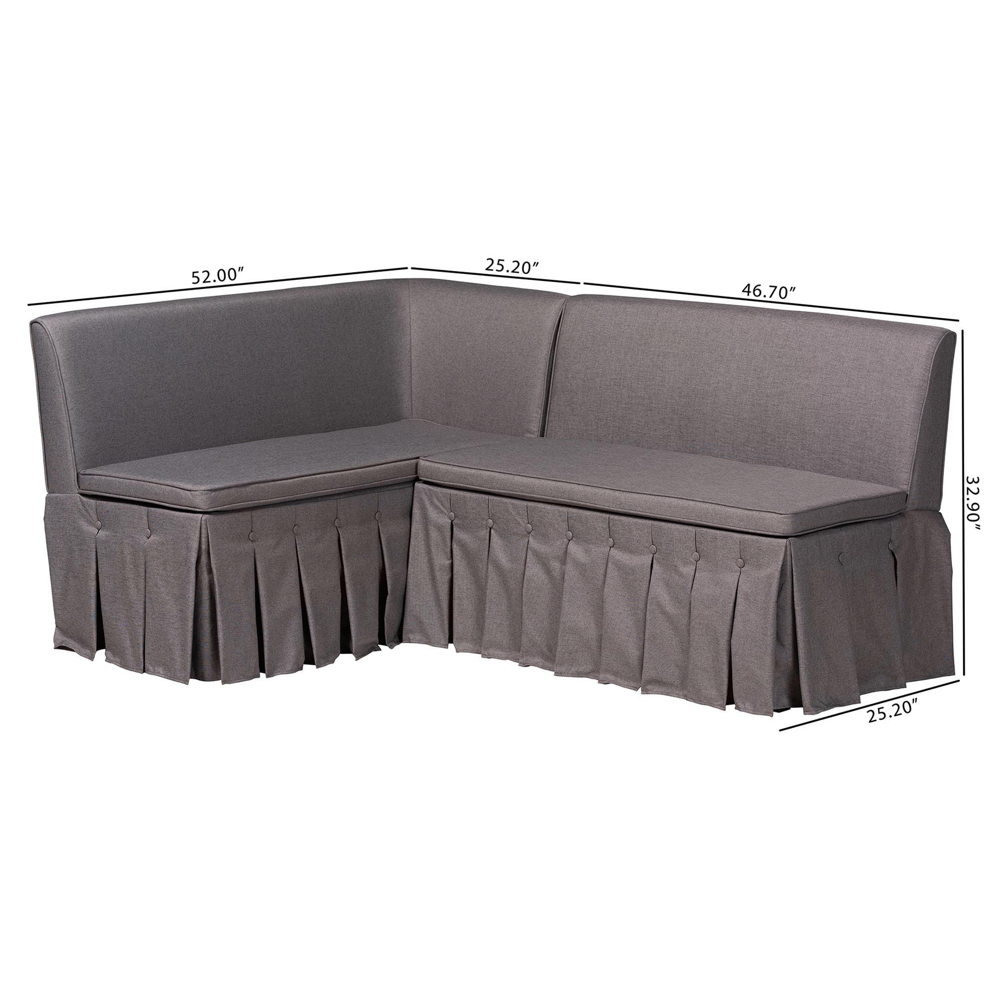 Baxton Studio Meyer 2-Piece Fabric Upholstered Dining Nook Bench Set - Corner Kitchen Banquette Seating with Skirted Base, L-Shaped Breakfast Nook for Small Spaces, Grey