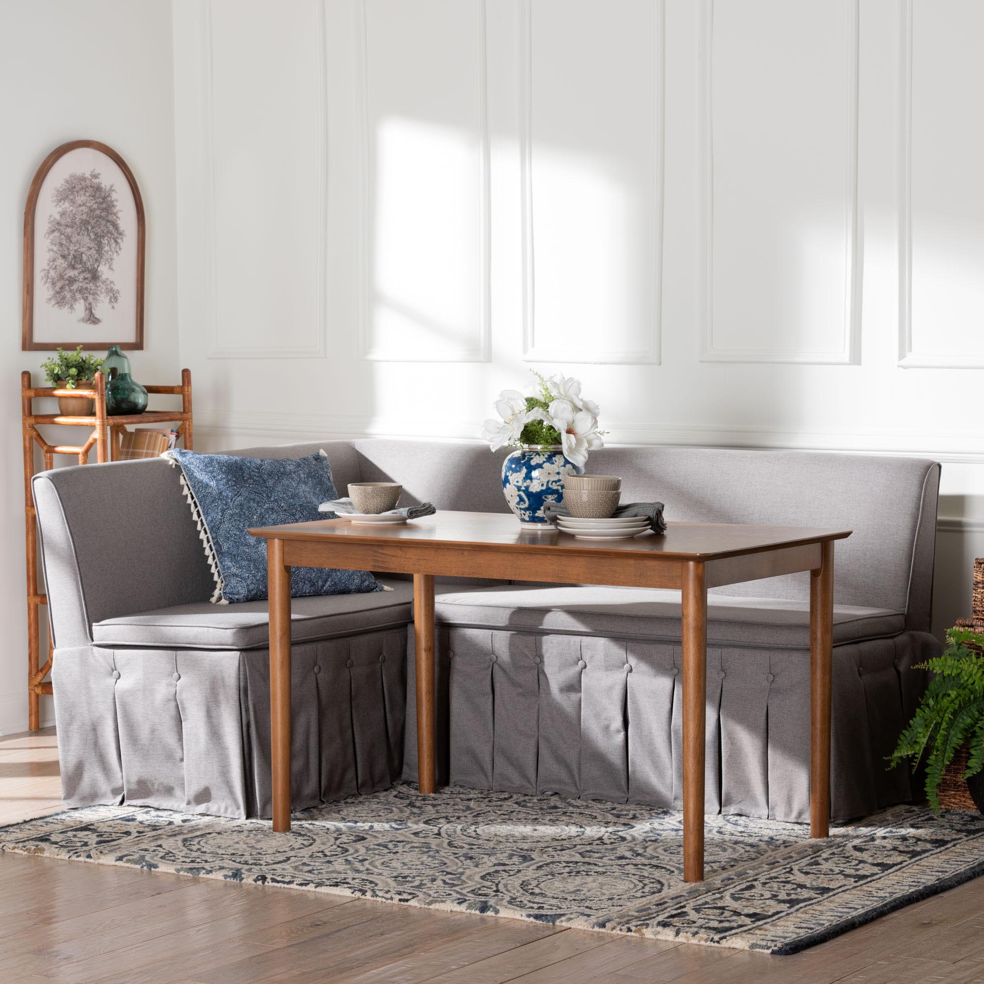 Baxton Studio Reuben 3-Piece Fabric Upholstered Dining Nook Set - Corner Kitchen Dining Banquette Set with Skirted Base, L-Shaped Seating for Small Spaces, Grey