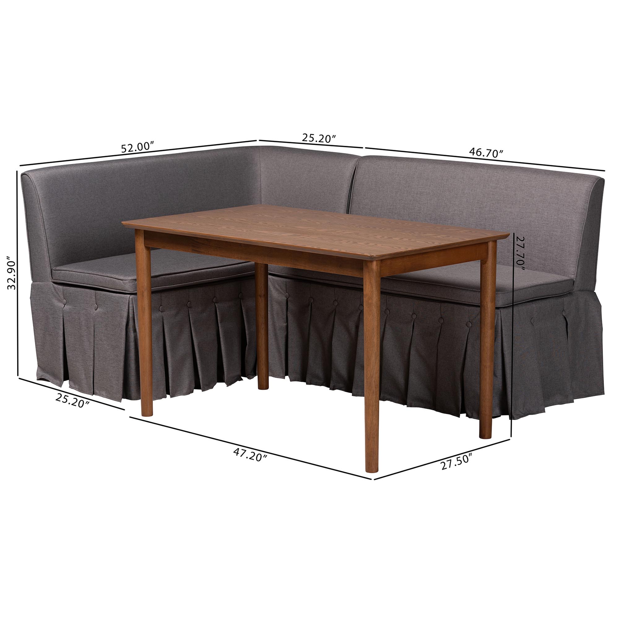 Baxton Studio Reuben 3-Piece Fabric Upholstered Dining Nook Set - Corner Kitchen Dining Banquette Set with Skirted Base, L-Shaped Seating for Small Spaces, Grey