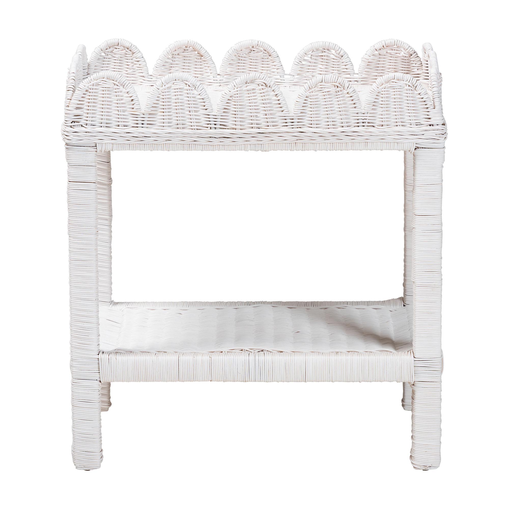 bali & pari Sumana Natural Rattan Side Table - Handwoven Wicker 2-Tier Accent End Table with Scalloped Tray Top for Living Room, White