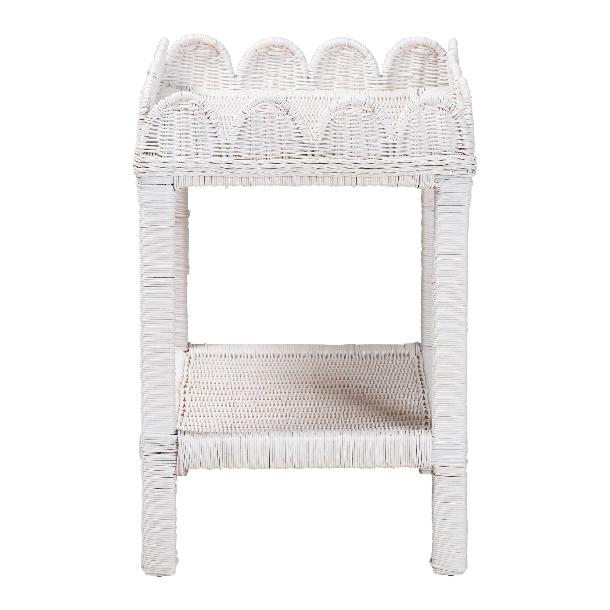 bali & pari Sumana Natural Rattan Side Table - Handwoven Wicker 2-Tier Accent End Table with Scalloped Tray Top for Living Room, White
