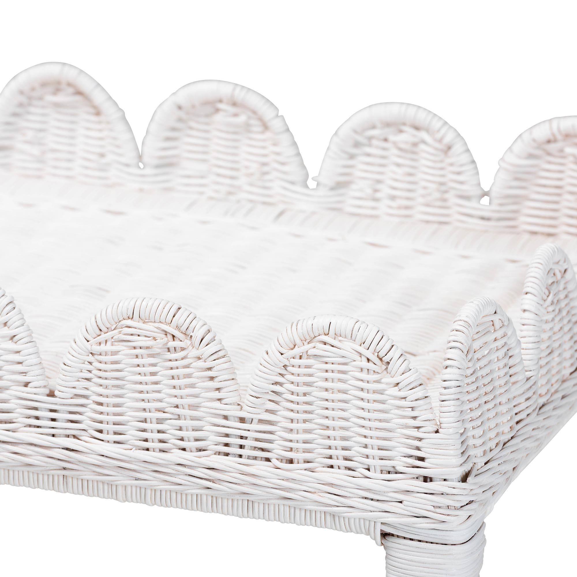 bali & pari Sumana Natural Rattan Side Table - Handwoven Wicker 2-Tier Accent End Table with Scalloped Tray Top for Living Room, White