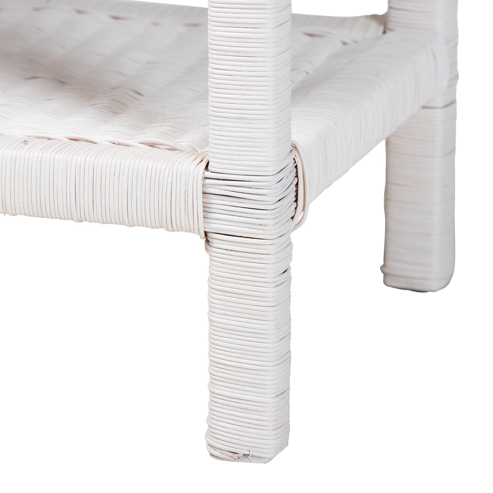 bali & pari Sumana Natural Rattan Side Table - Handwoven Wicker 2-Tier Accent End Table with Scalloped Tray Top for Living Room, White