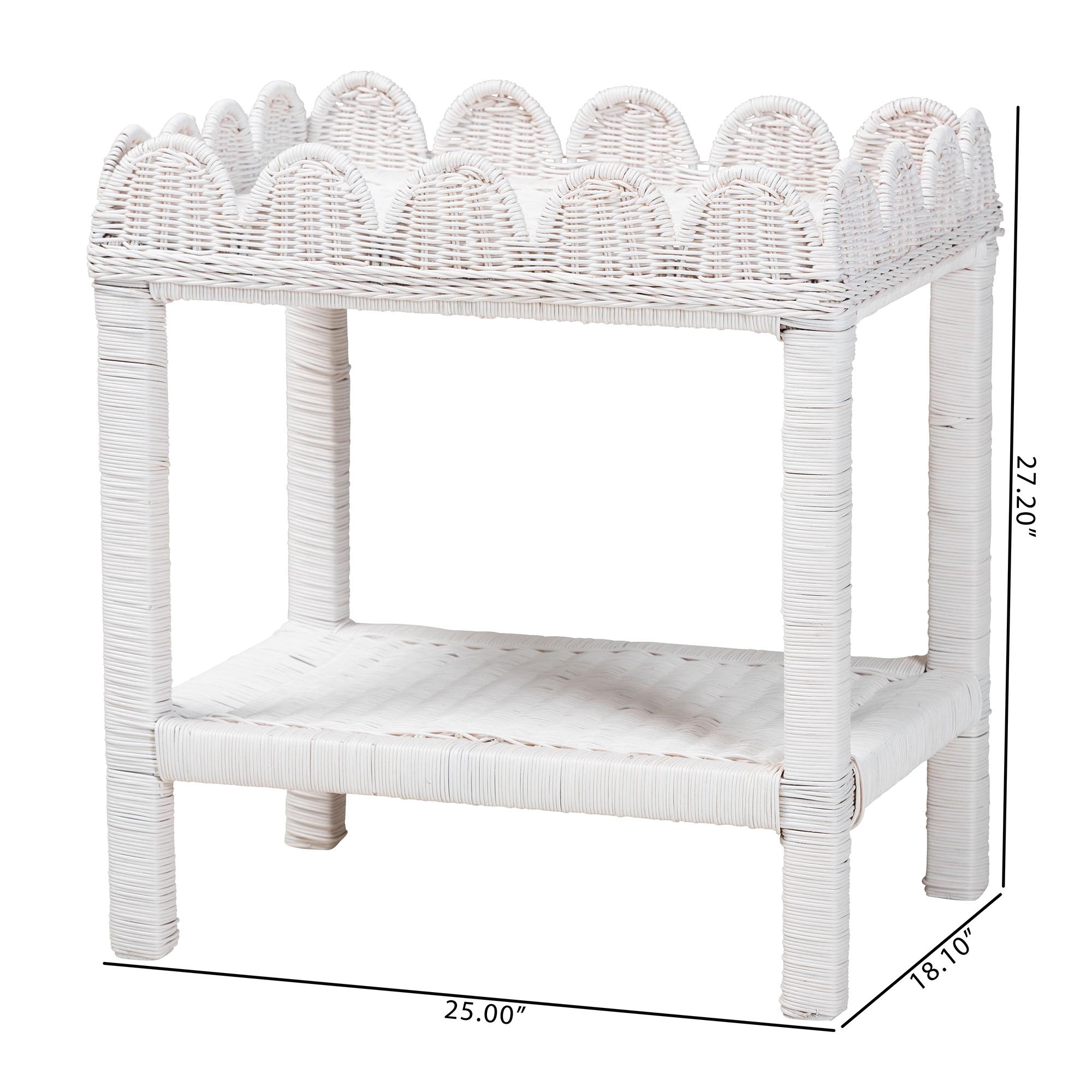 bali & pari Sumana Natural Rattan Side Table - Handwoven Wicker 2-Tier Accent End Table with Scalloped Tray Top for Living Room, White