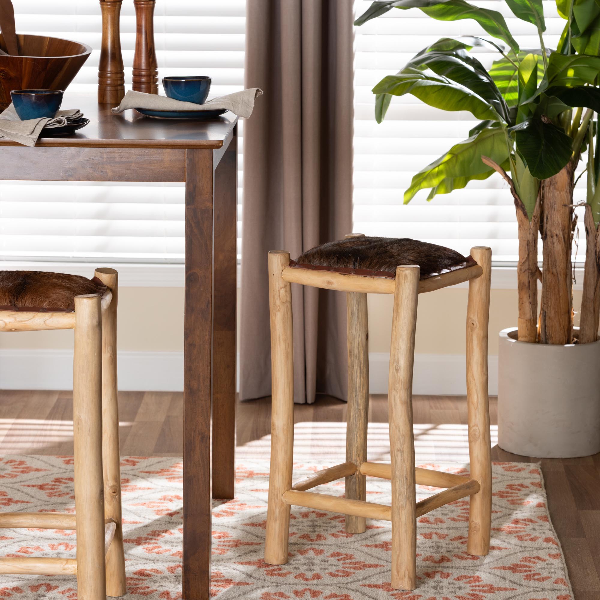bali & pari Rivera Genuine Goat Leather Counter Stool - Rustic Boho Seating with Teak Wood Frame and Natural Hide Upholstery