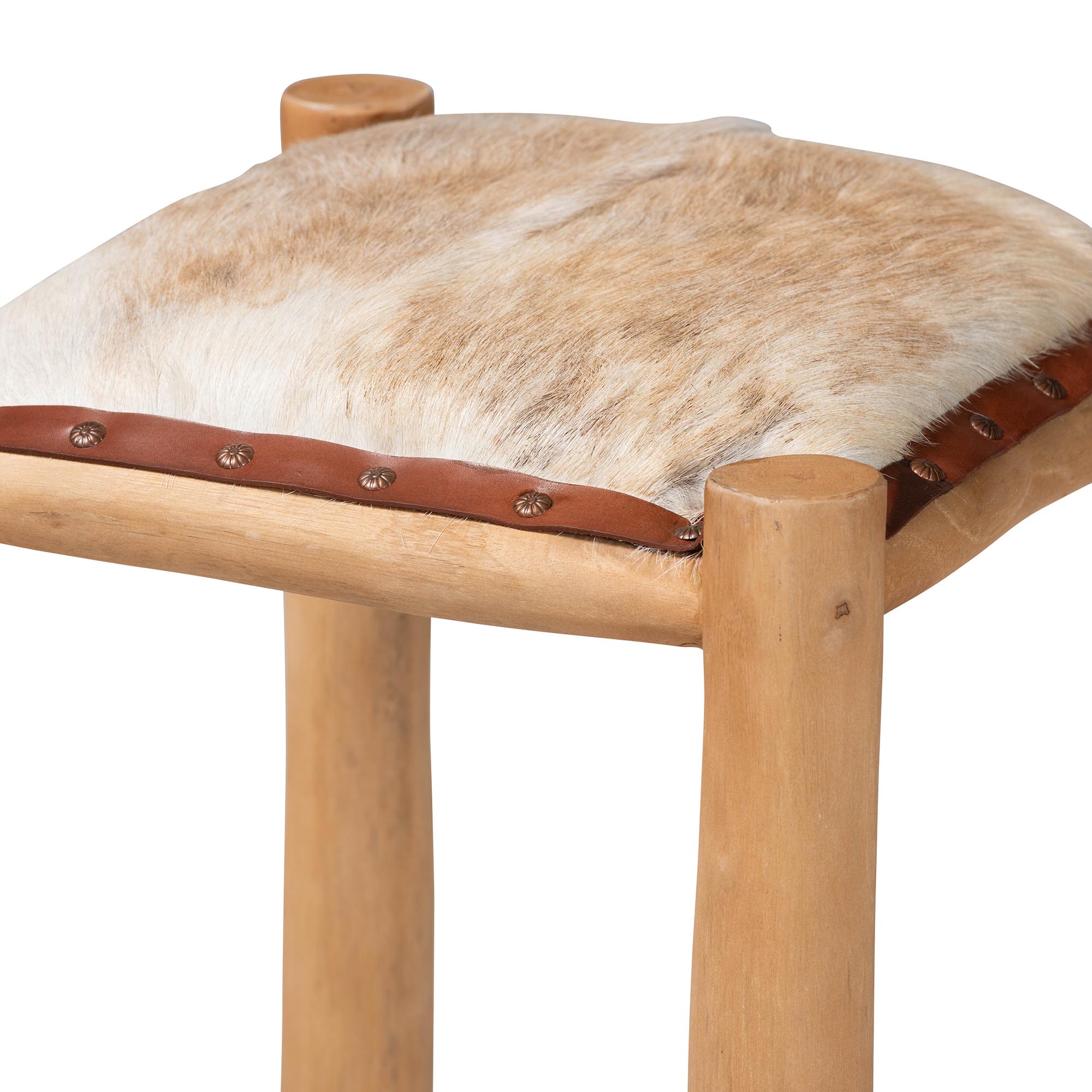 bali & pari Rivera Genuine Goat Leather Bar Stool - Rustic Boho Seating with Teak Wood Frame and Natural Hide Upholstery