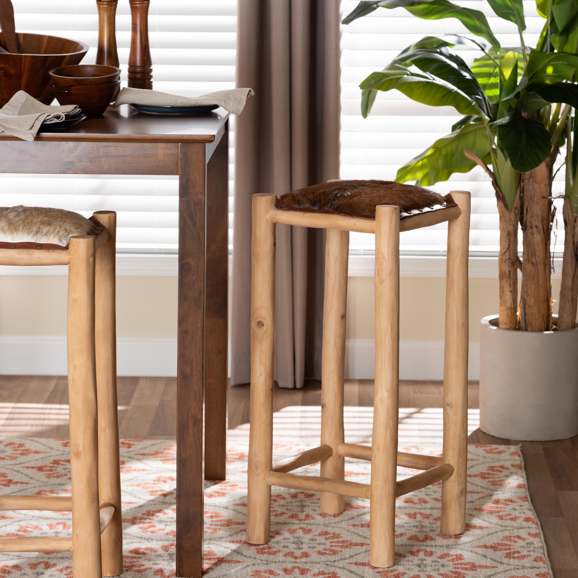 bali & pari Rivera Genuine Goat Leather Bar Stool - Rustic Boho Seating with Teak Wood Frame and Natural Hide Upholstery