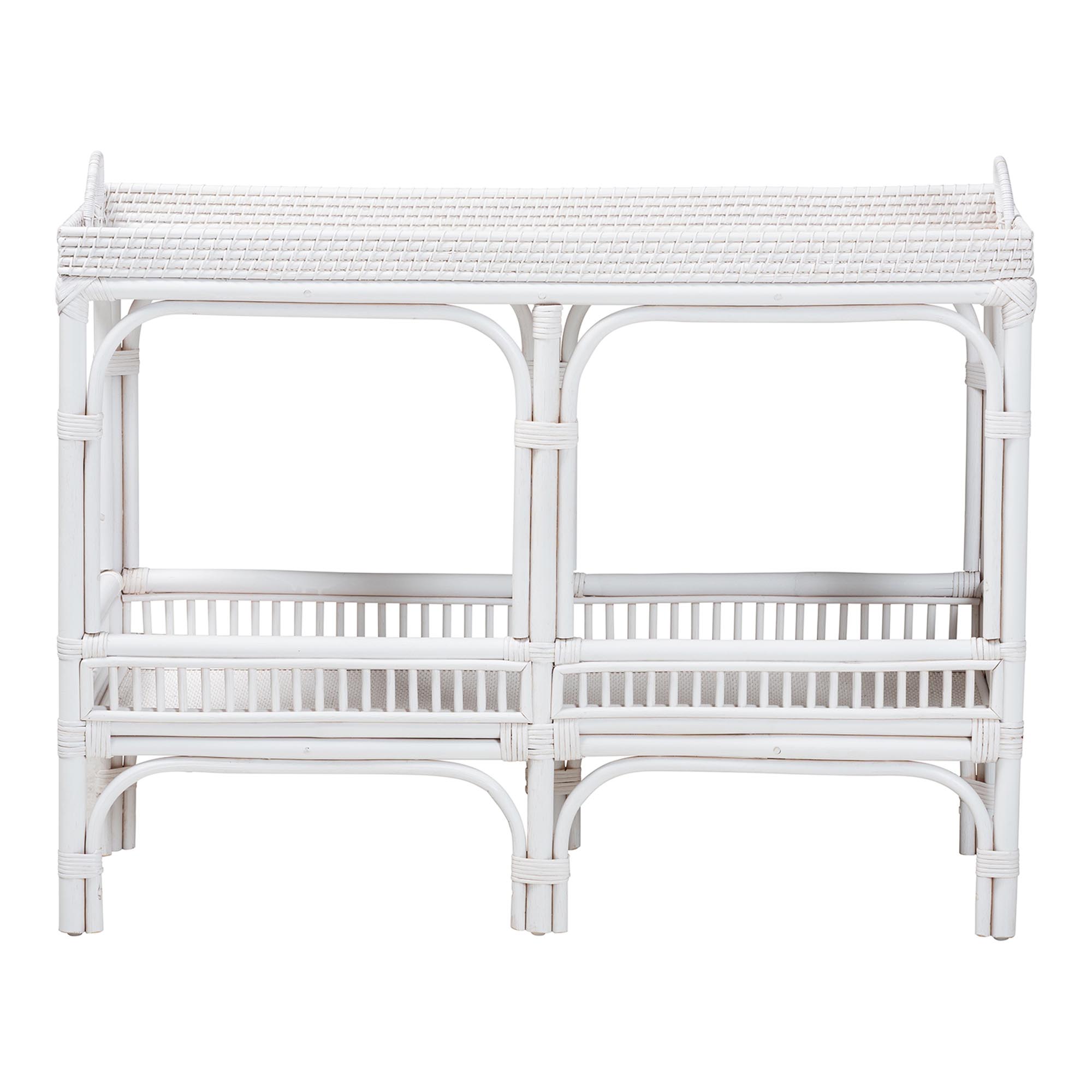bali & pari Lombok Natural Rattan Console Table - Handwoven Wicker 2-Tier Accent Table with Raised Tray Top for Living Room or Entryway, White