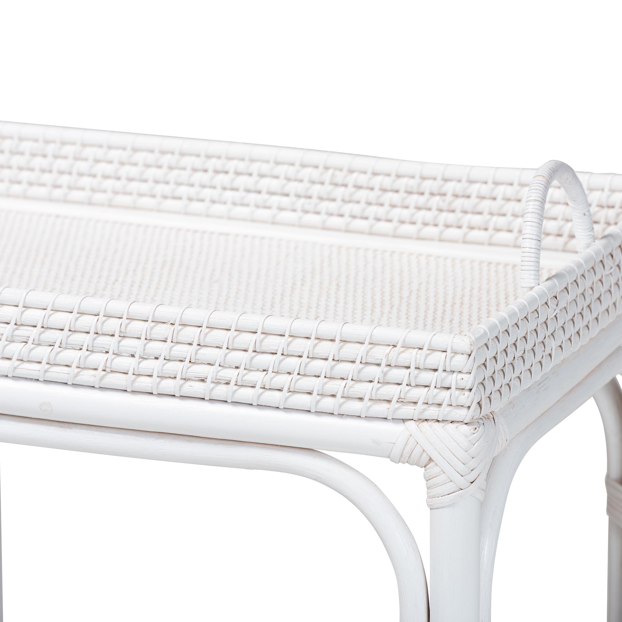 bali & pari Lombok Natural Rattan Console Table - Handwoven Wicker 2-Tier Accent Table with Raised Tray Top for Living Room or Entryway, White
