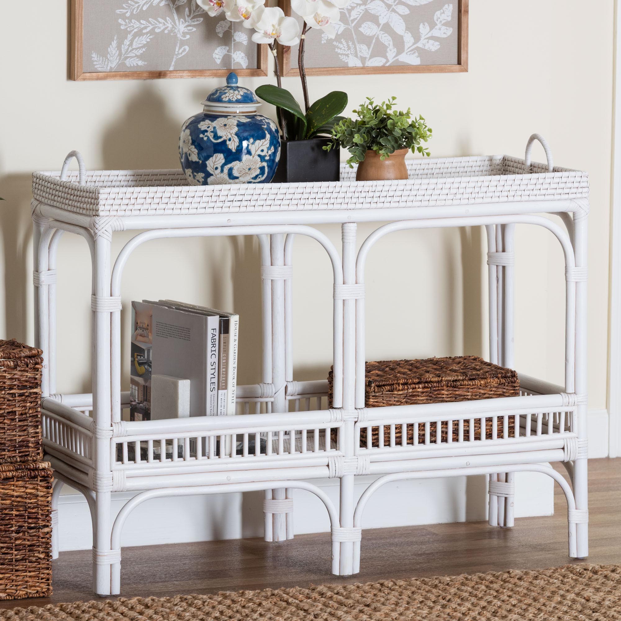 bali & pari Lombok Natural Rattan Console Table - Handwoven Wicker 2-Tier Accent Table with Raised Tray Top for Living Room or Entryway, White