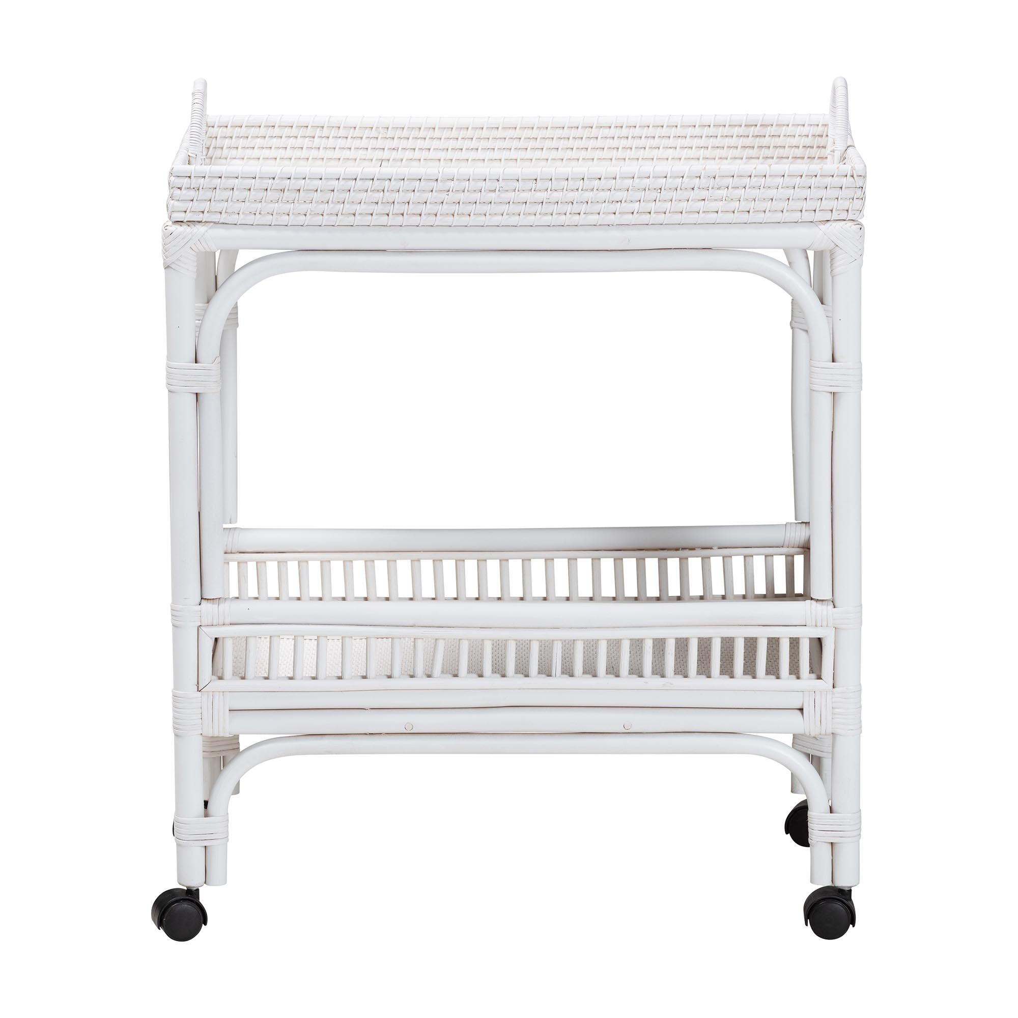 bali & pari Lombok Natural Rattan Wine Cart - Handwoven Wicker 2-Tier Mobile Bar Cart with Raised Tray Top Kitchen or Lounge, White