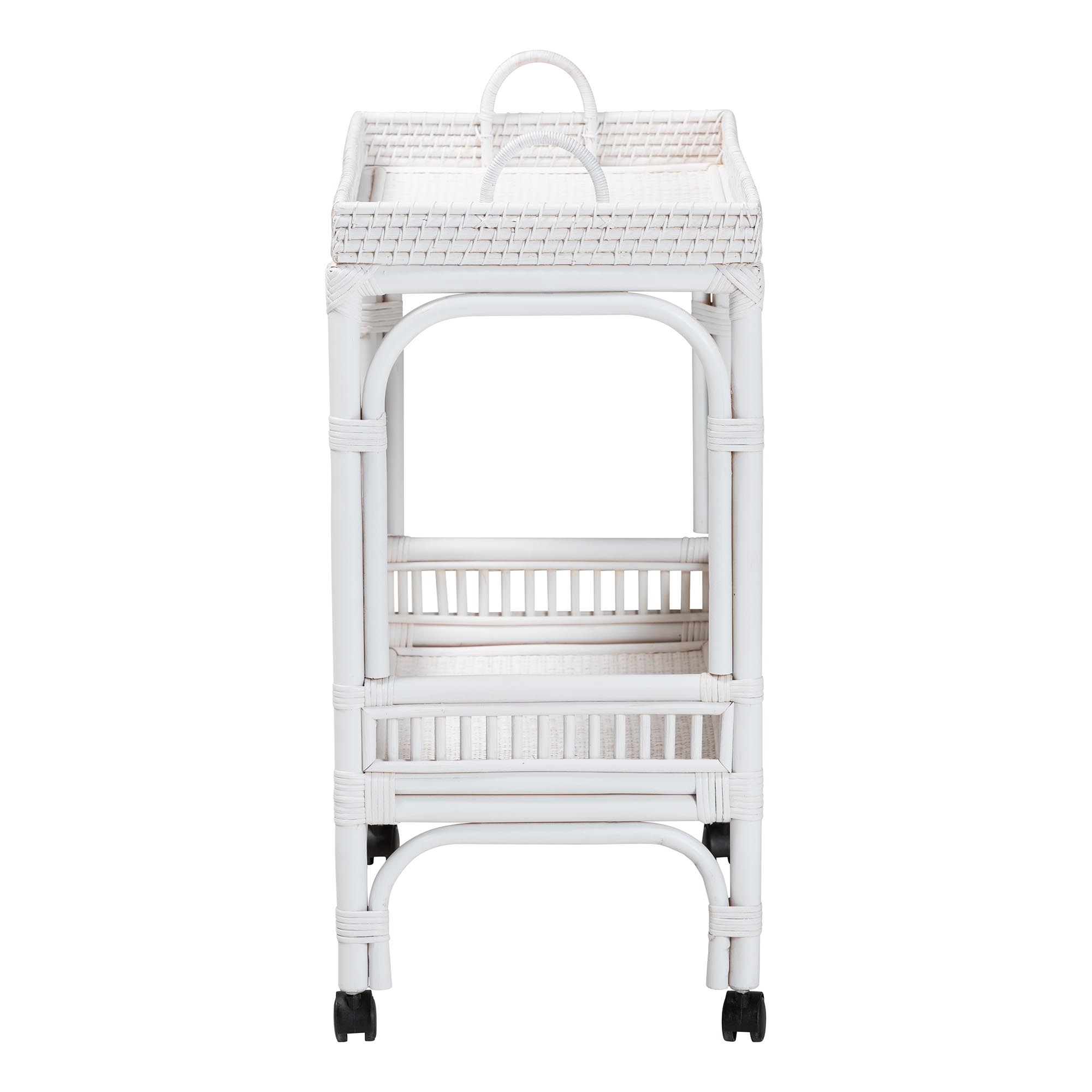 bali & pari Lombok Natural Rattan Wine Cart - Handwoven Wicker 2-Tier Mobile Bar Cart with Raised Tray Top Kitchen or Lounge, White